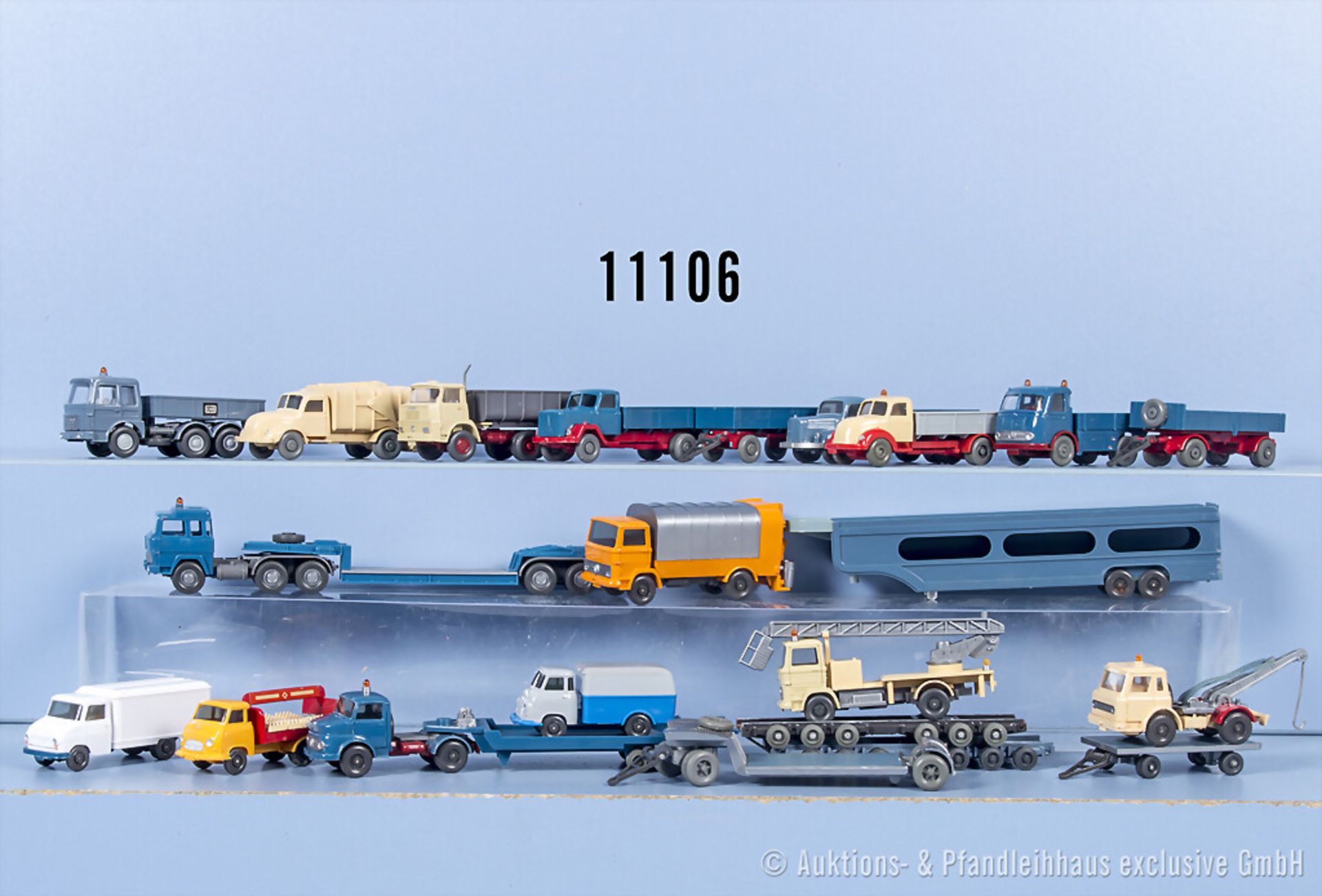 22 Wiking H0 Modellfahrzeuge und Anhänger, dabei 1144/4, 1147/1, 483/2, 486/2 A, 486/2 ...