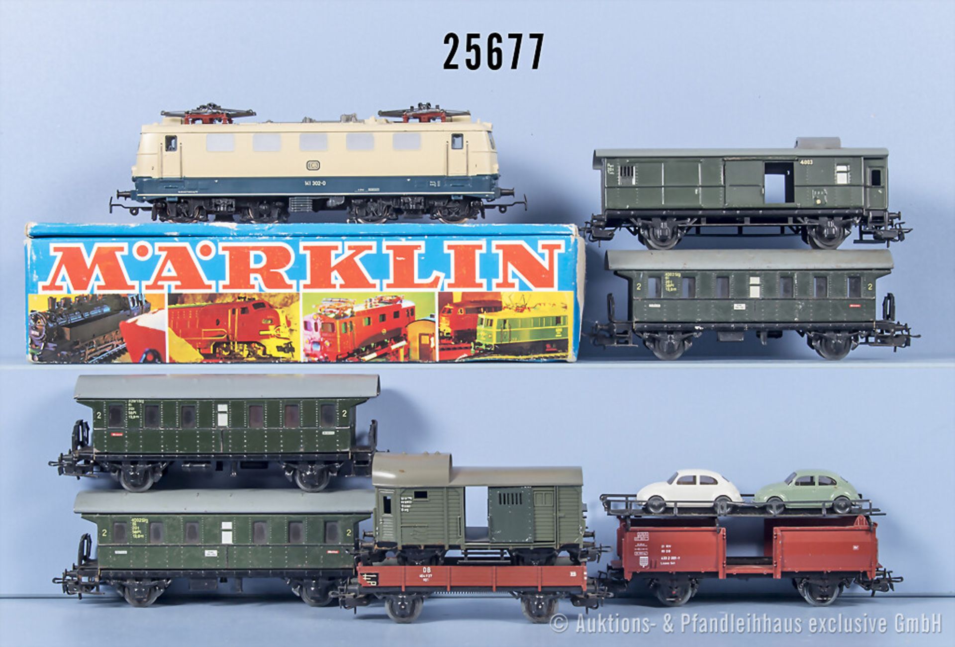 Märklin H0 Zug, dabei 3034 E-Lok der DB, BN 141 302-0 und 7 Wagen, Z 1-3, 1 x in ...