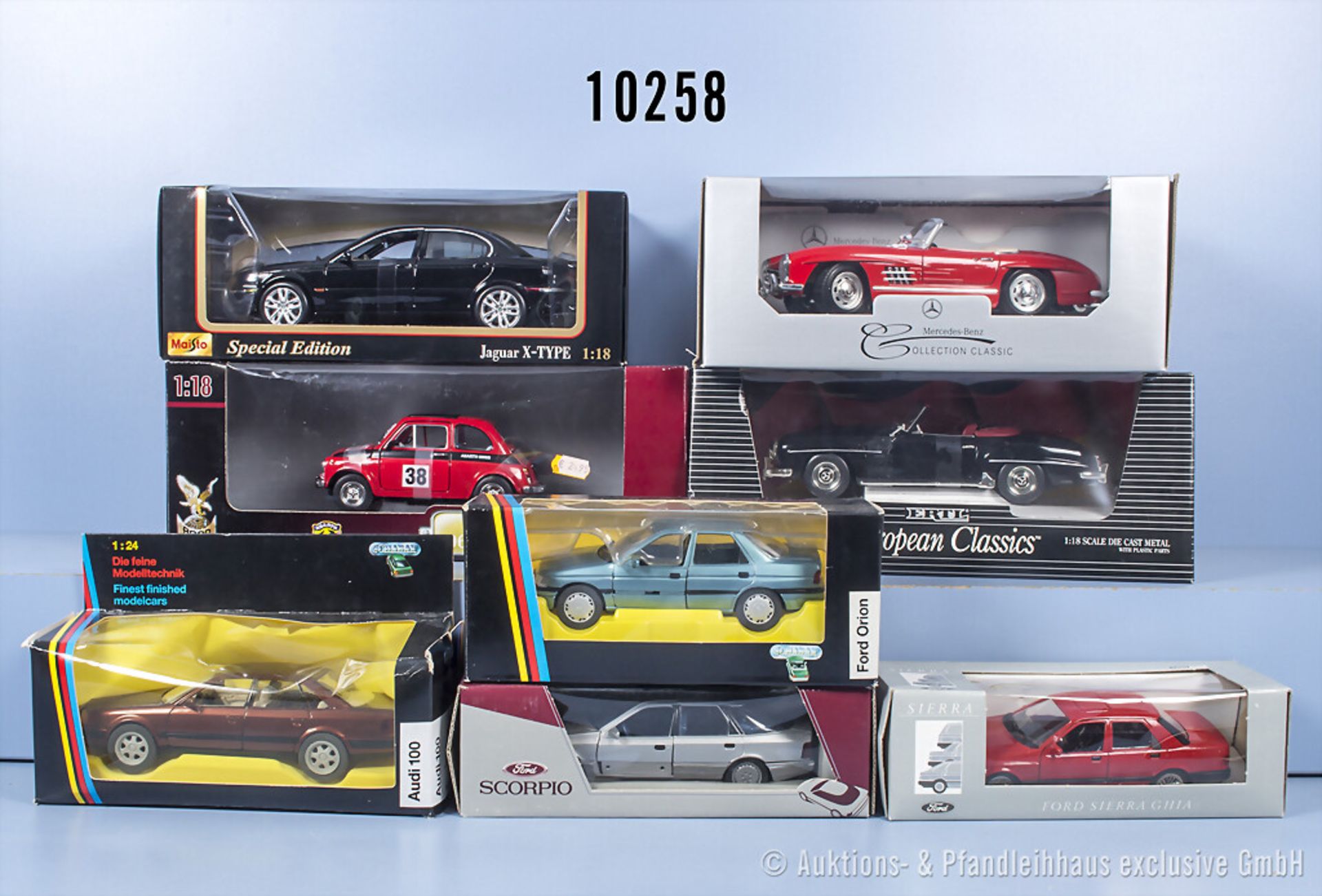 8 Modellfahrzeuge, dabei Maisto Jaguar X-Type, Ertl Mercedes-Benz 190 SL Roadster, Road ...