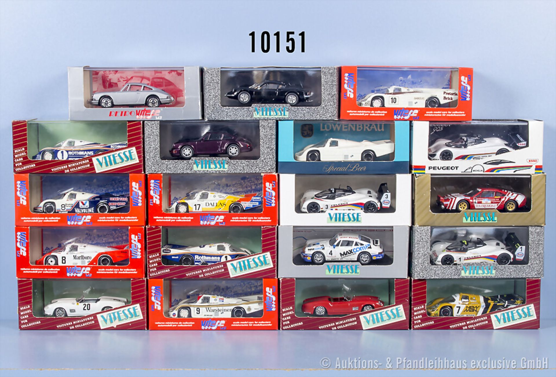 19 Vitesse Modellfahrzeuge, überwiegend Ferrari und Porsche Renn- und Sportwagen, ...