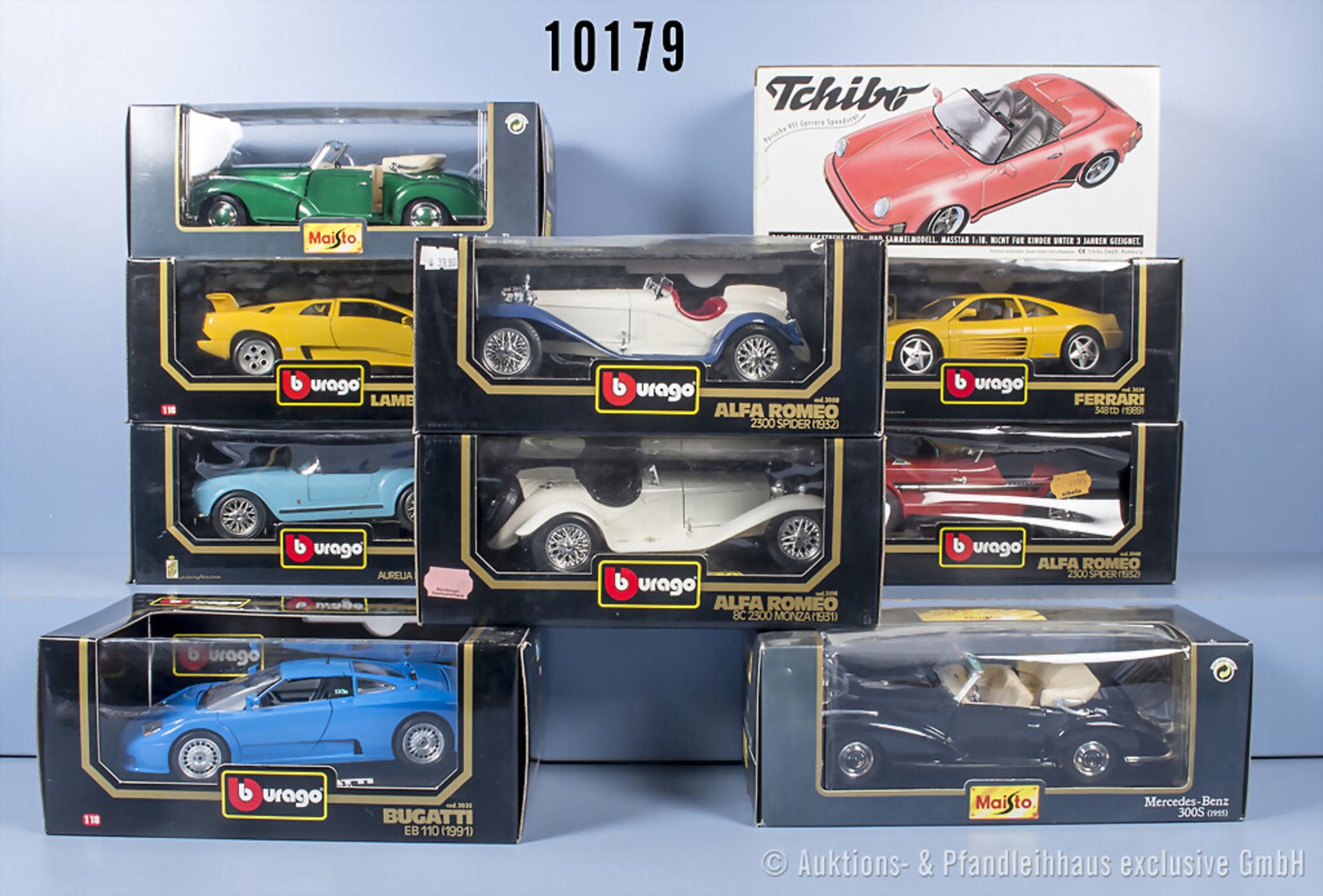 10 Modellfahrzeuge, dabei Ferrari 348tb (1989), Lamborghini Diablo (1990), Bugatti EB ...