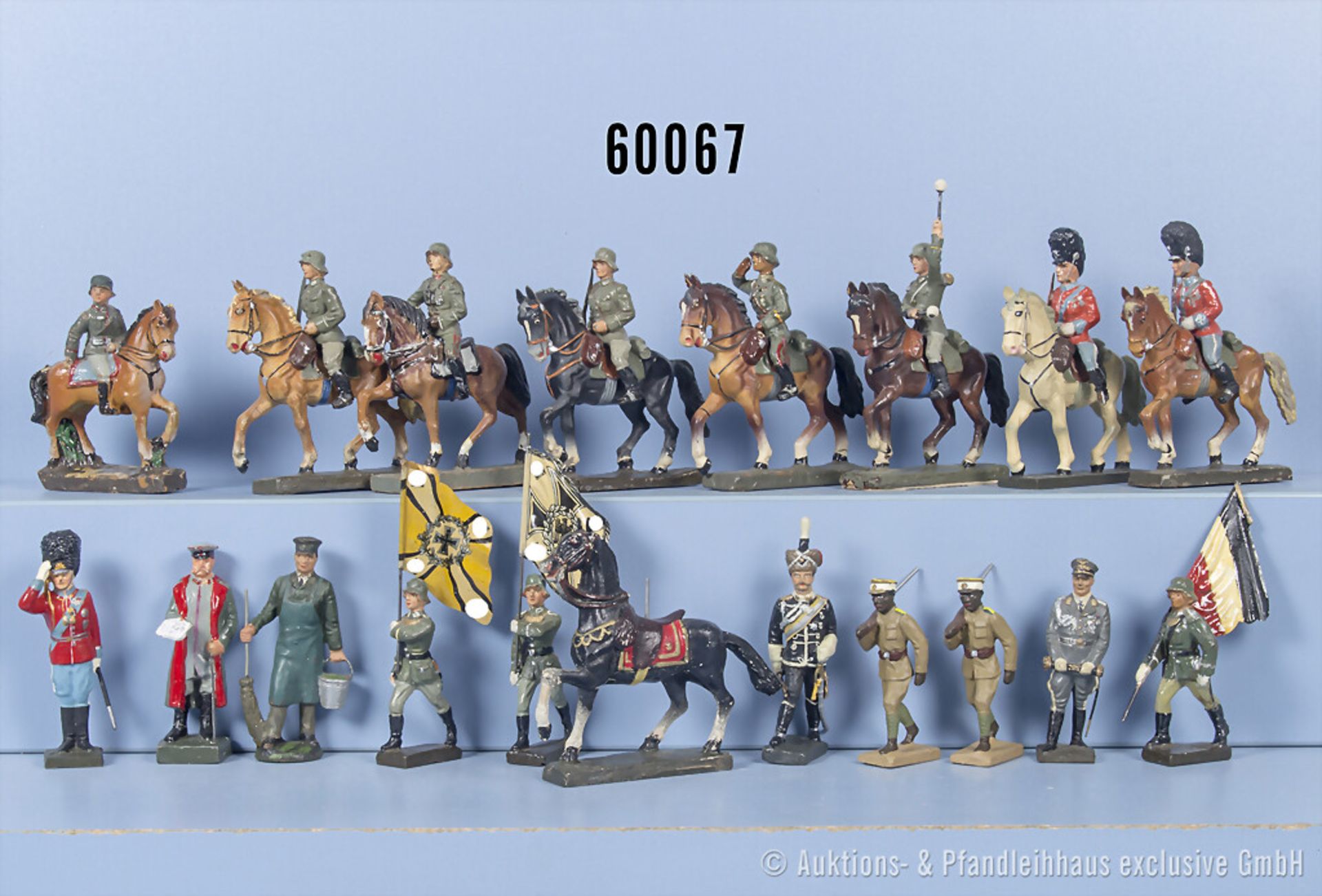 18 Figuren und Durso Solopferd, u.a. General zu Pferd, Däne zu Pferd, Zoowärter, 2 ...