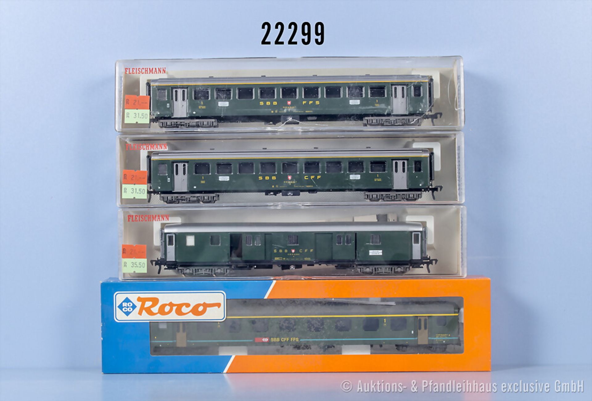 4 H0 D-Zug Wagen, dabei 3 x Fleischmann und 1 x Roco, Z 1-2, in OVP, 1 OVP ...