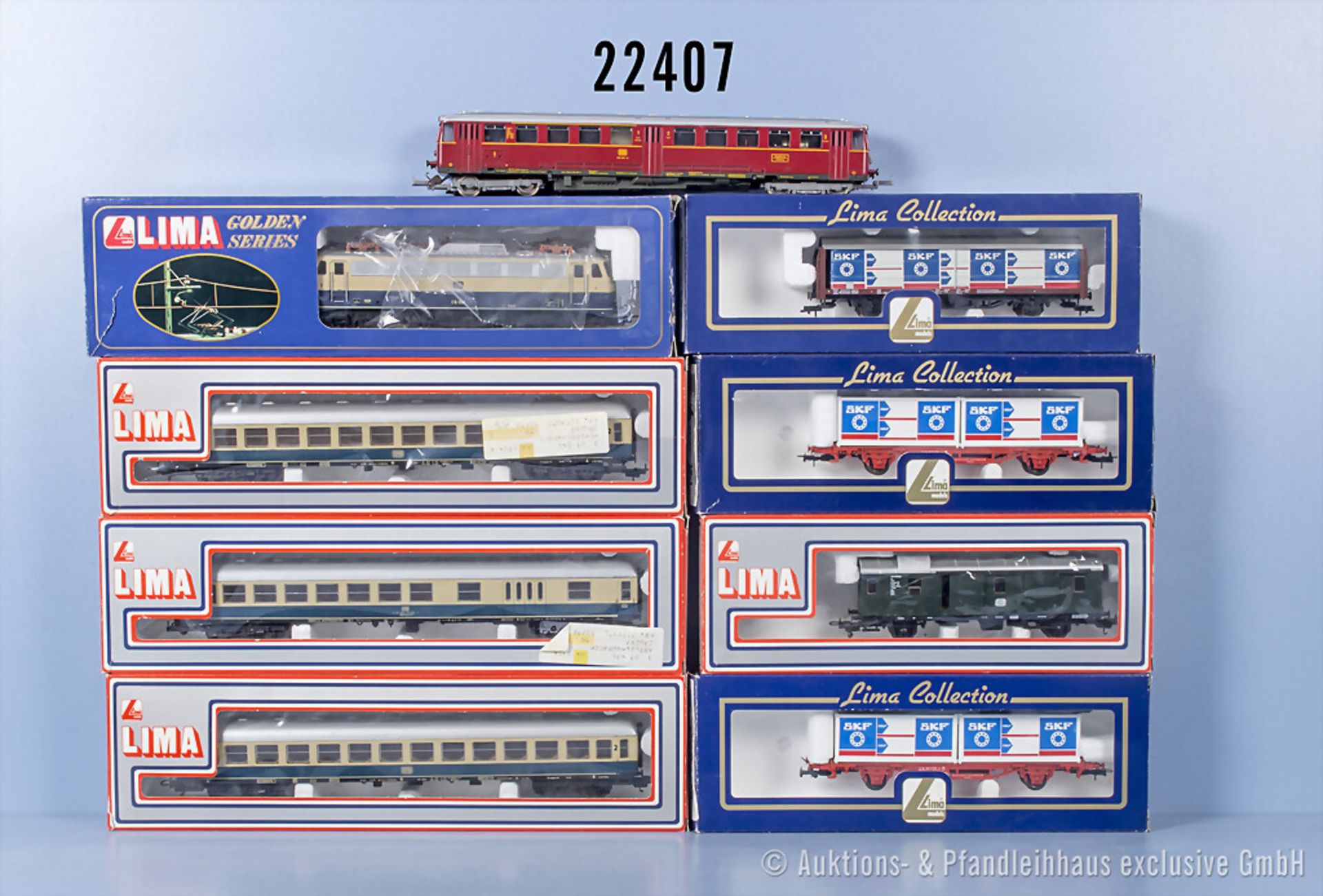 Lima H0 Zug mit 208137 E-Lok der DB, BN E10 1269, Akkutriebwagen der DB, BN 515 591-6 ...