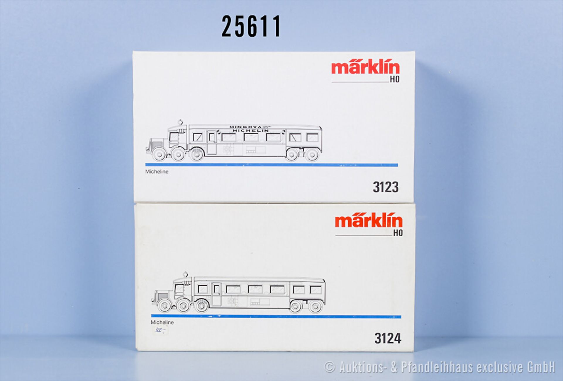 2 Märklin H0 Schienenbus Micheline, dabei 3123 und 3124, Z 1, in ...