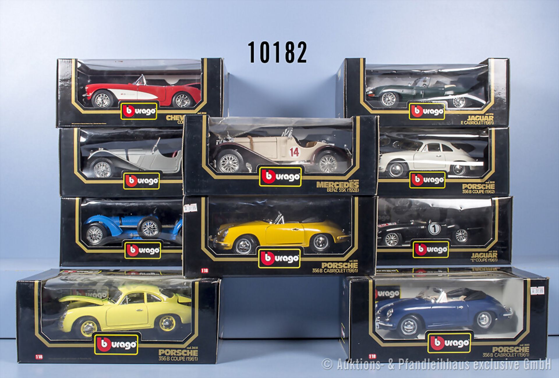 10 Bburago Modellfahrzeuge, dabei Porsche 356B Cabriolet, Jaguar E-Coupe, Mercedes Benz ...