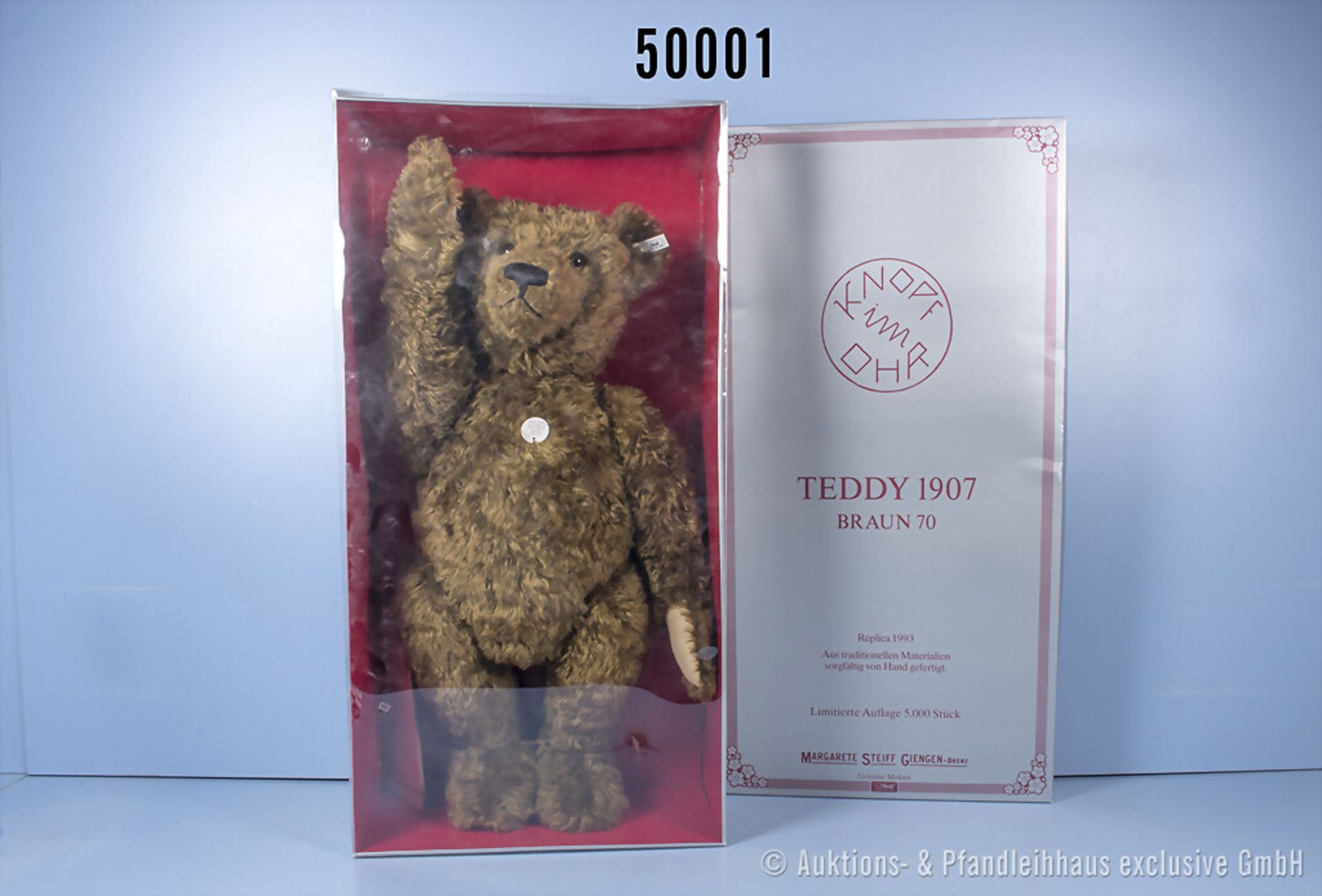 Steiff großer Replika Teddy Bär 1907, Mohair, KFS, Nr. 406010, H 70 cm, Zertifikat, ...