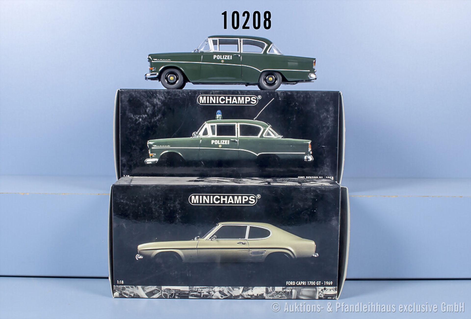2 Minichamps Modellfahrzeuge, Opel Rekord P1 1958 (Blaulicht fehlt) und Ford Capri 1700 ...