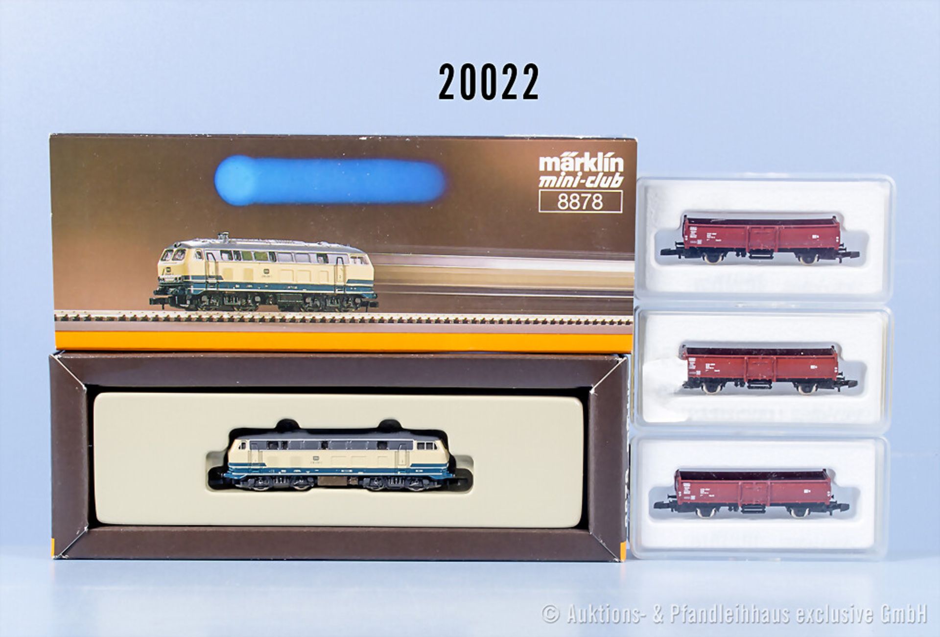Märklin Spur Z Güterzug mit 8878 Diesellok der DB, BN 218 438-0 und 3 Wagen, Z 1-2, in ...