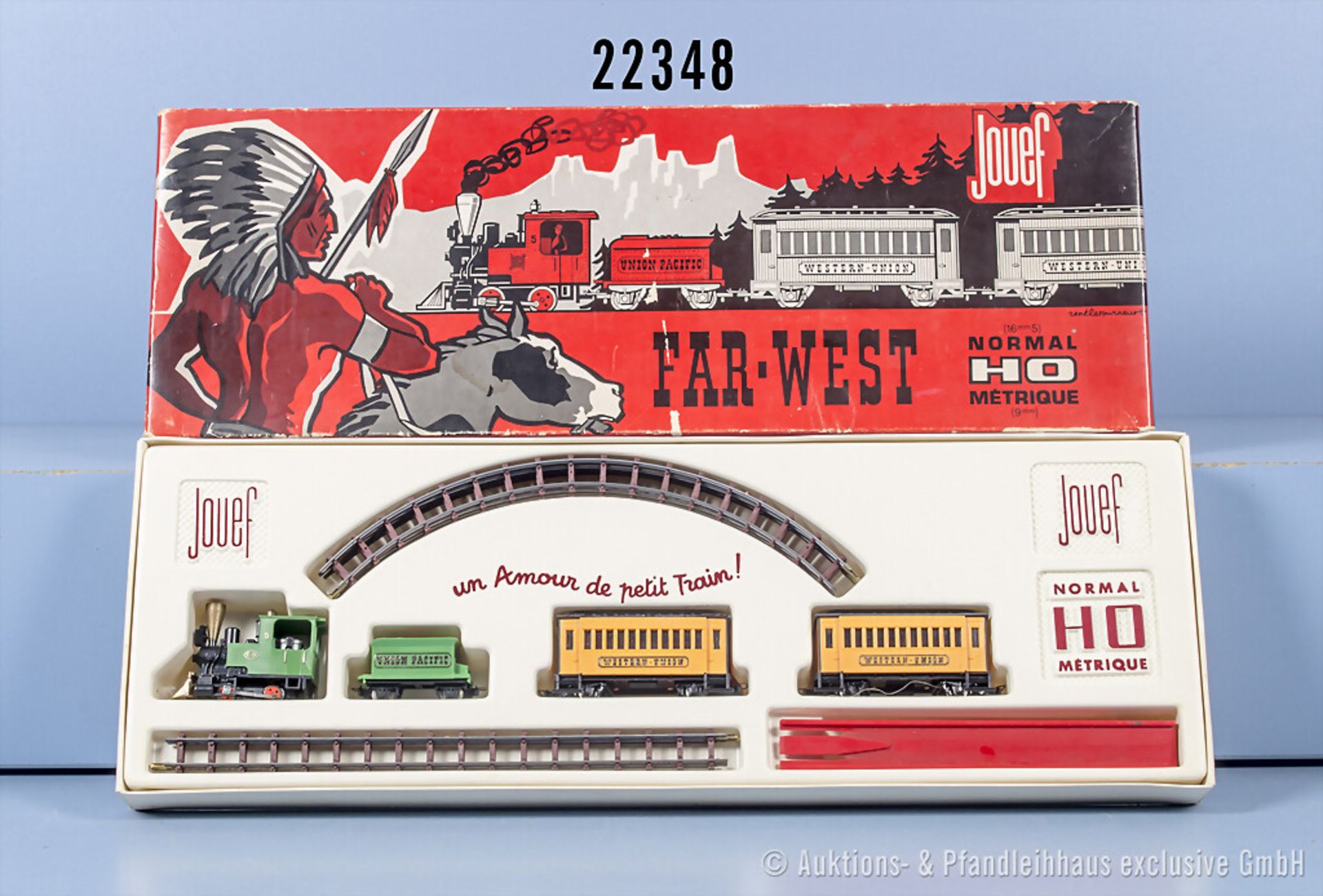 Jouef H0e Westernzugset Far-West mit Tenderlok der Union Pacific, BN 5 , 2 Wagen und ...