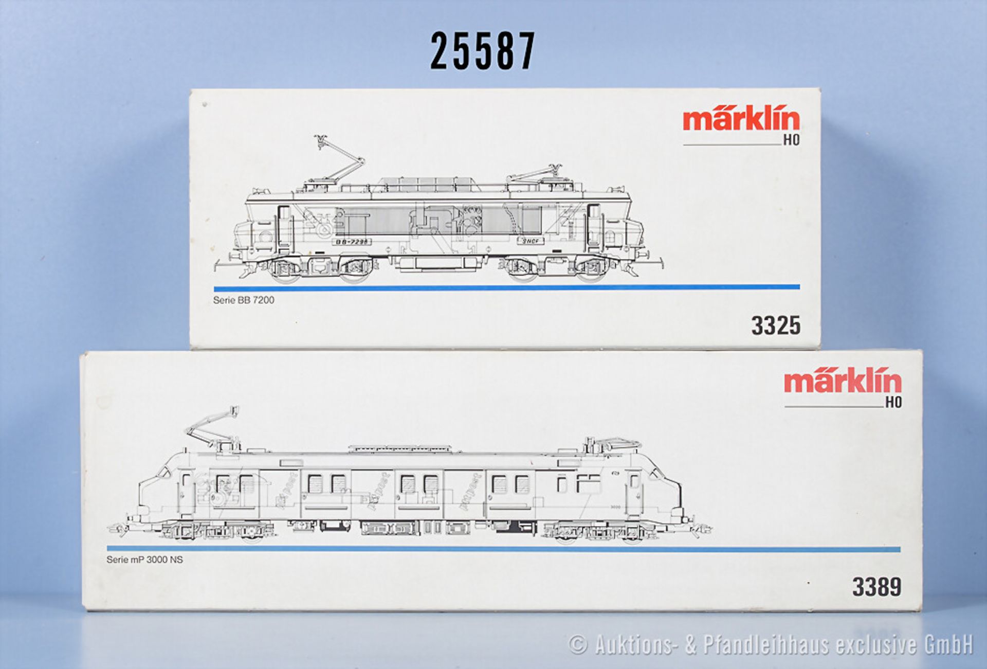 Märklin H0, dabei 3325 E-Lok der SNCF, BN BB-7298 und 3389 E-Triebwagen der NS, BN ...
