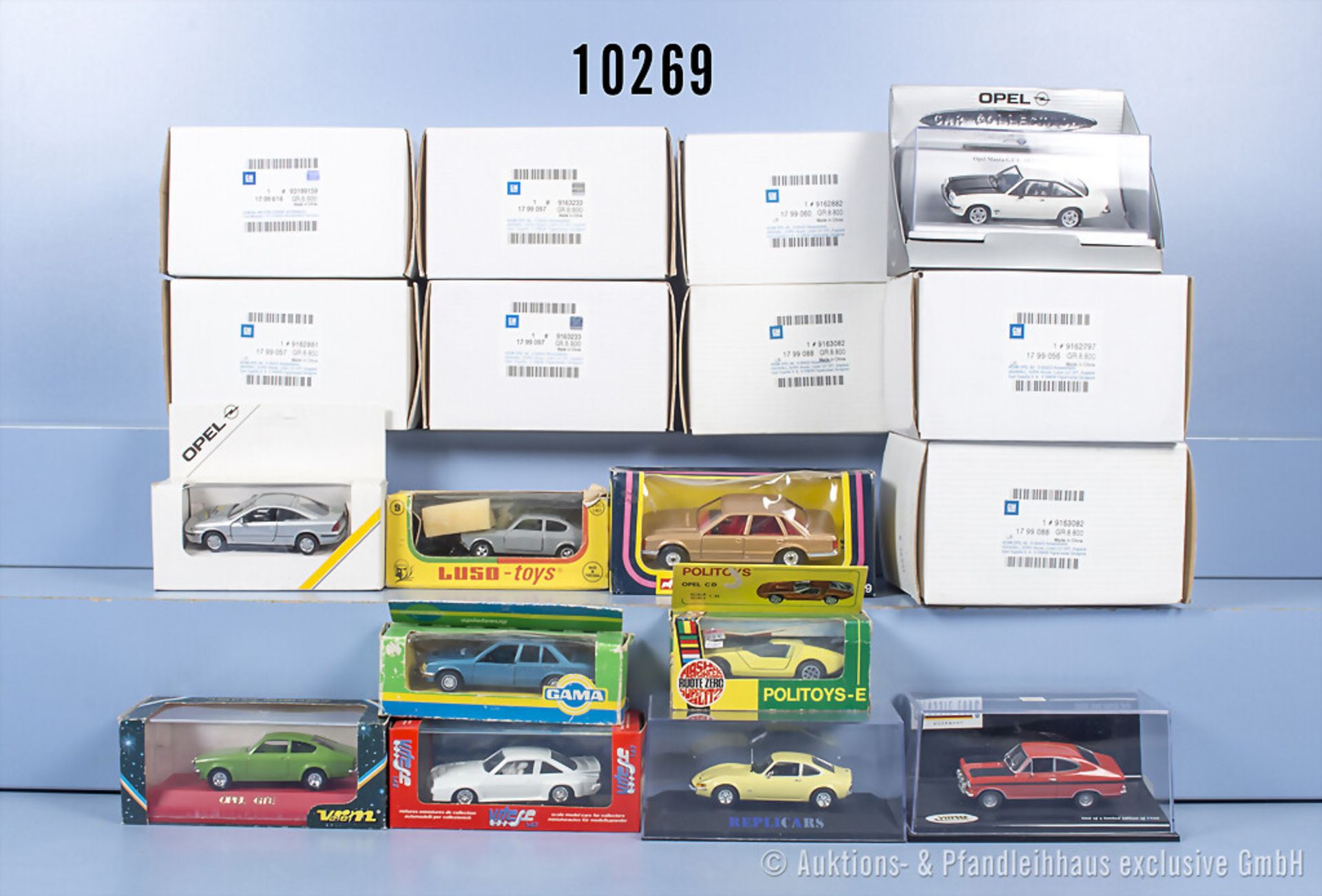 18 Opel Modellfahrzeuge, unterschiedliche Ausführungen, dabei Verem, Politoys, Vitesse ...
