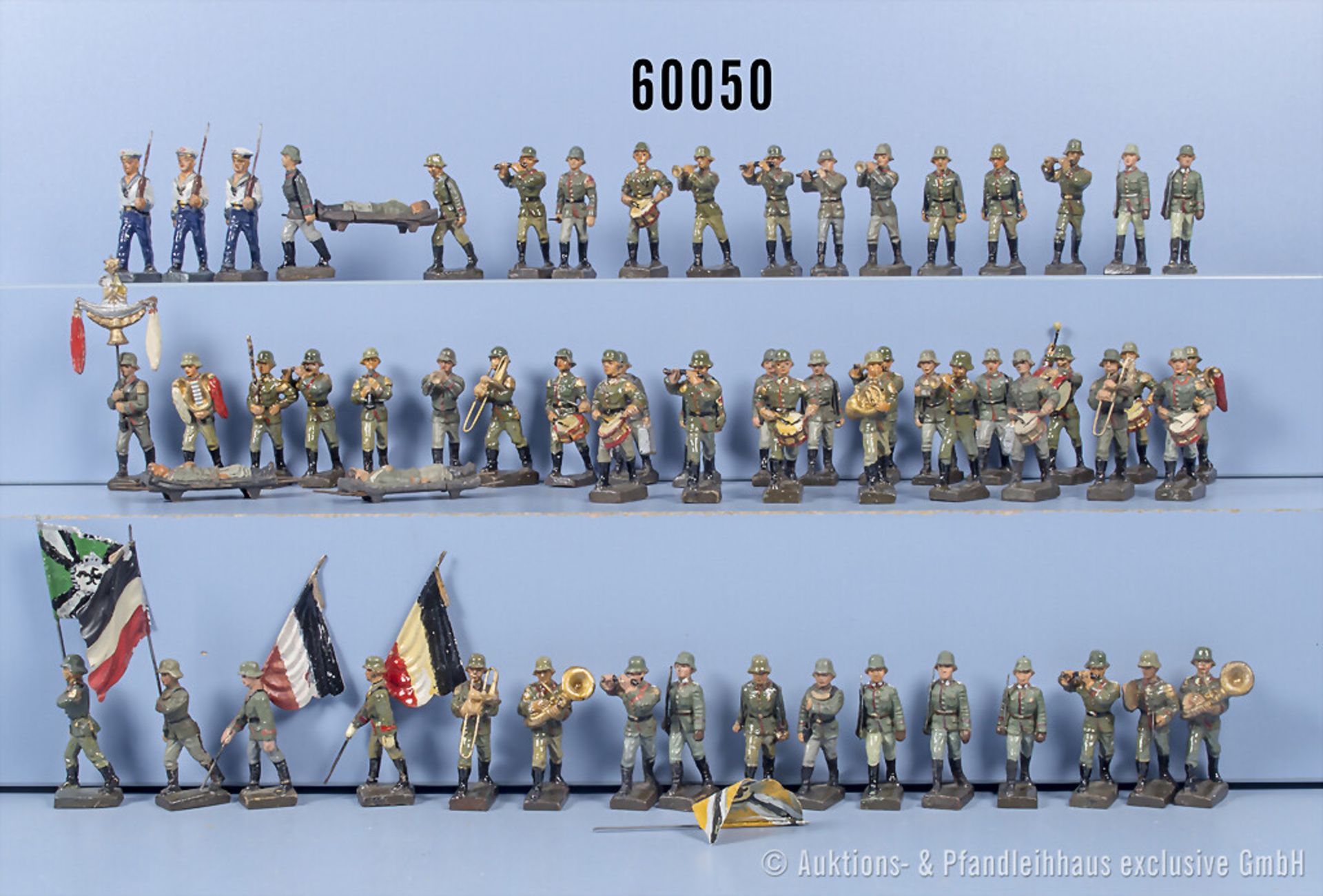 Konv. Lineol Soldaten im Marsch, u.a. Fahnenträger, Musiker, Offiziere, Masse/Blech, 6 ...
