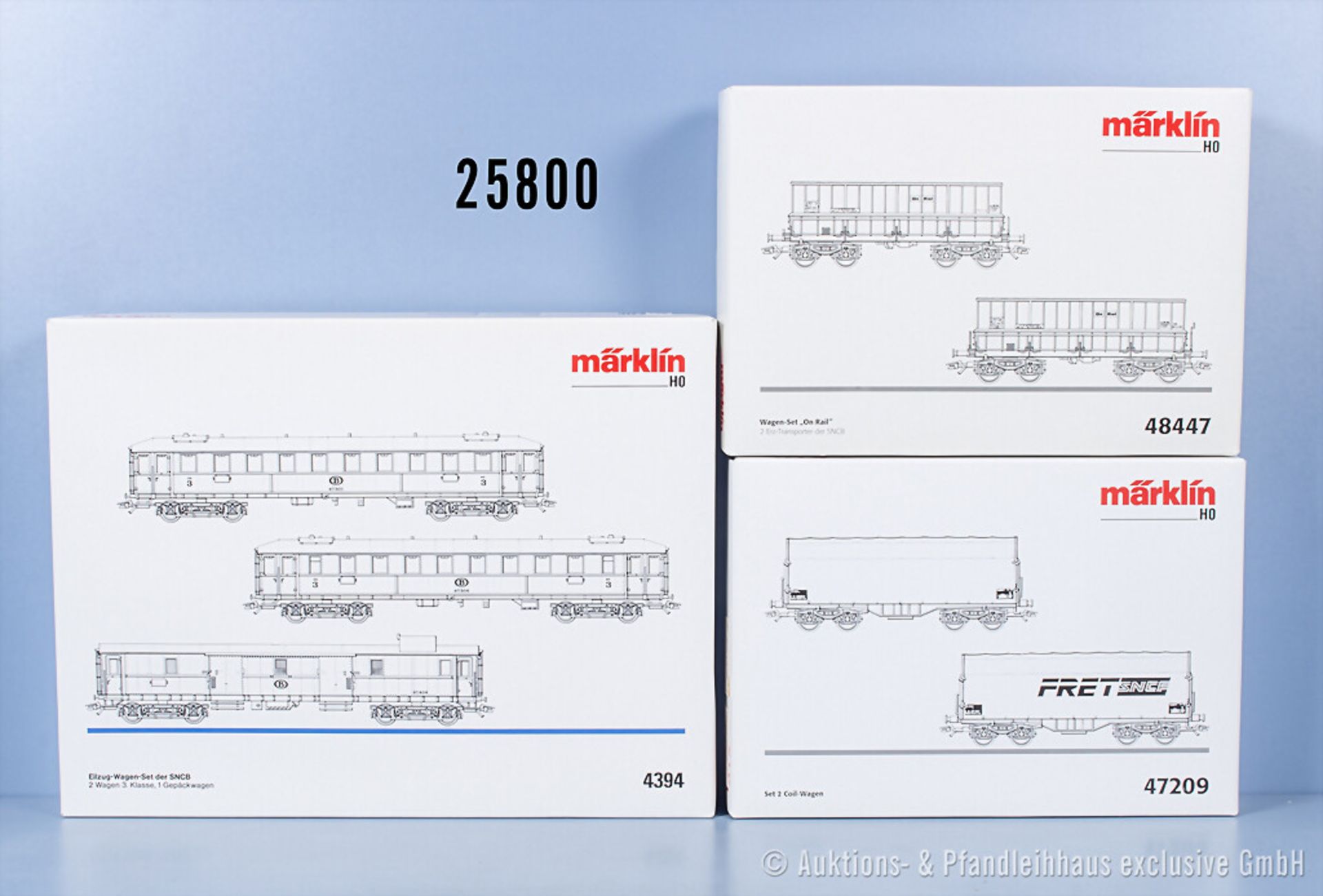 3 Märklin H0 Wagensets, dabei 4394 Eilzugwagen der SNCB, 47209 2 Coilwagen und 48447 On ...