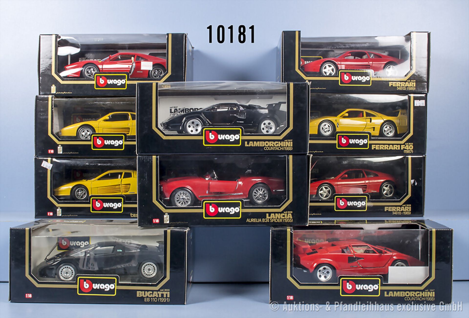 10 Bburago Modellfahrzeuge, dabei Ferrari Testarossa, GTO, F40, Lamborghini Countach, ...
