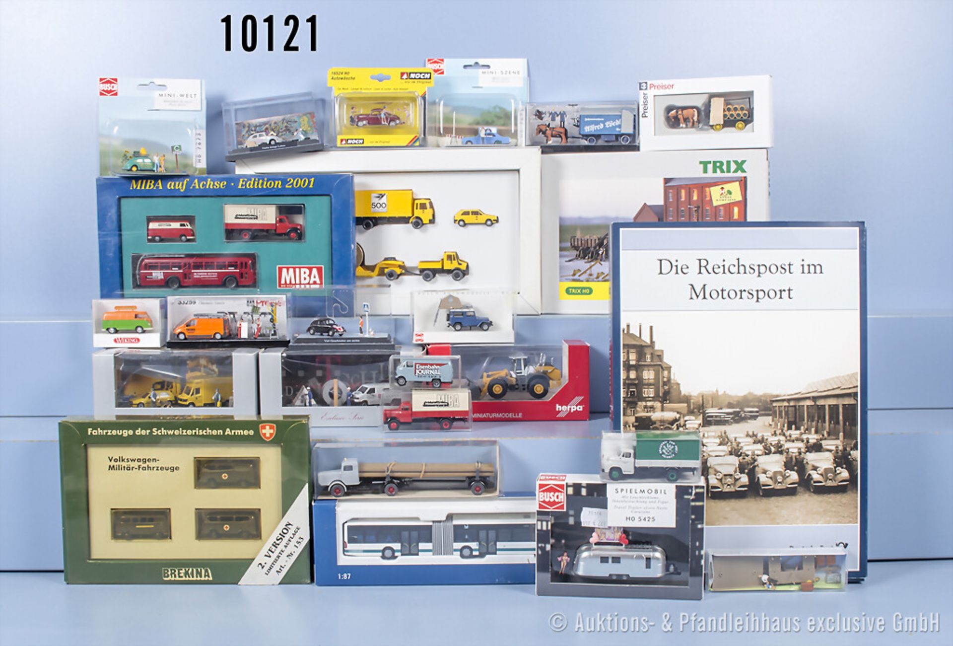 19 Modellautos, 4 Setpackungen und Trix H0 Set 66114, u.a. Brekina, Wiking, Busch, ...