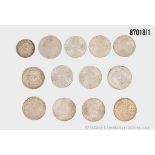 Konv. Österreich 13 Münzen, 1928 - 1937, 1,2 und 5 Schilling Silbermünzen, 1 x 1 ...