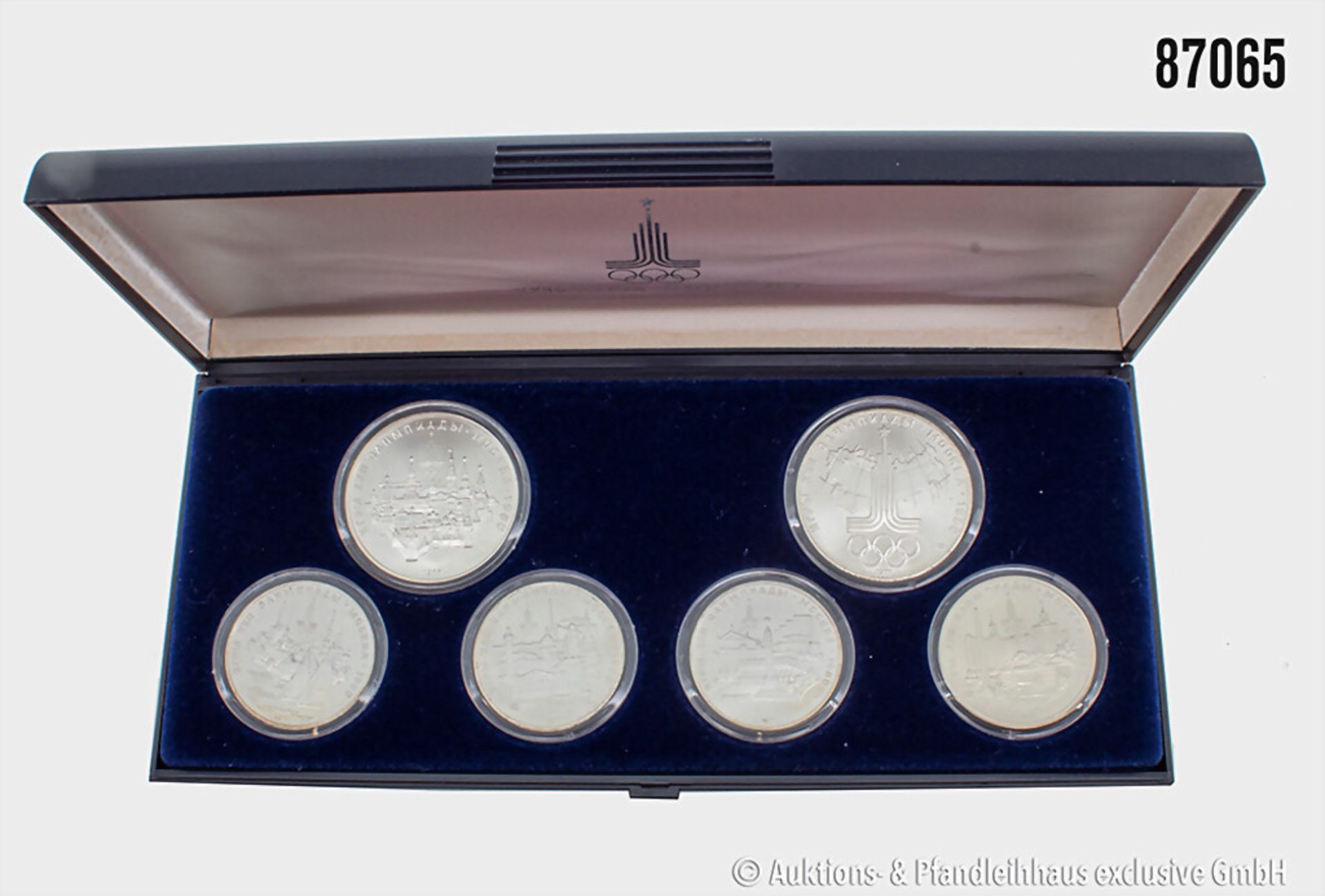 Russland Kassette mit 6 Silbermünzen auf die Olympischen Spiele 1980 in Moskau, 2 x 10 ...