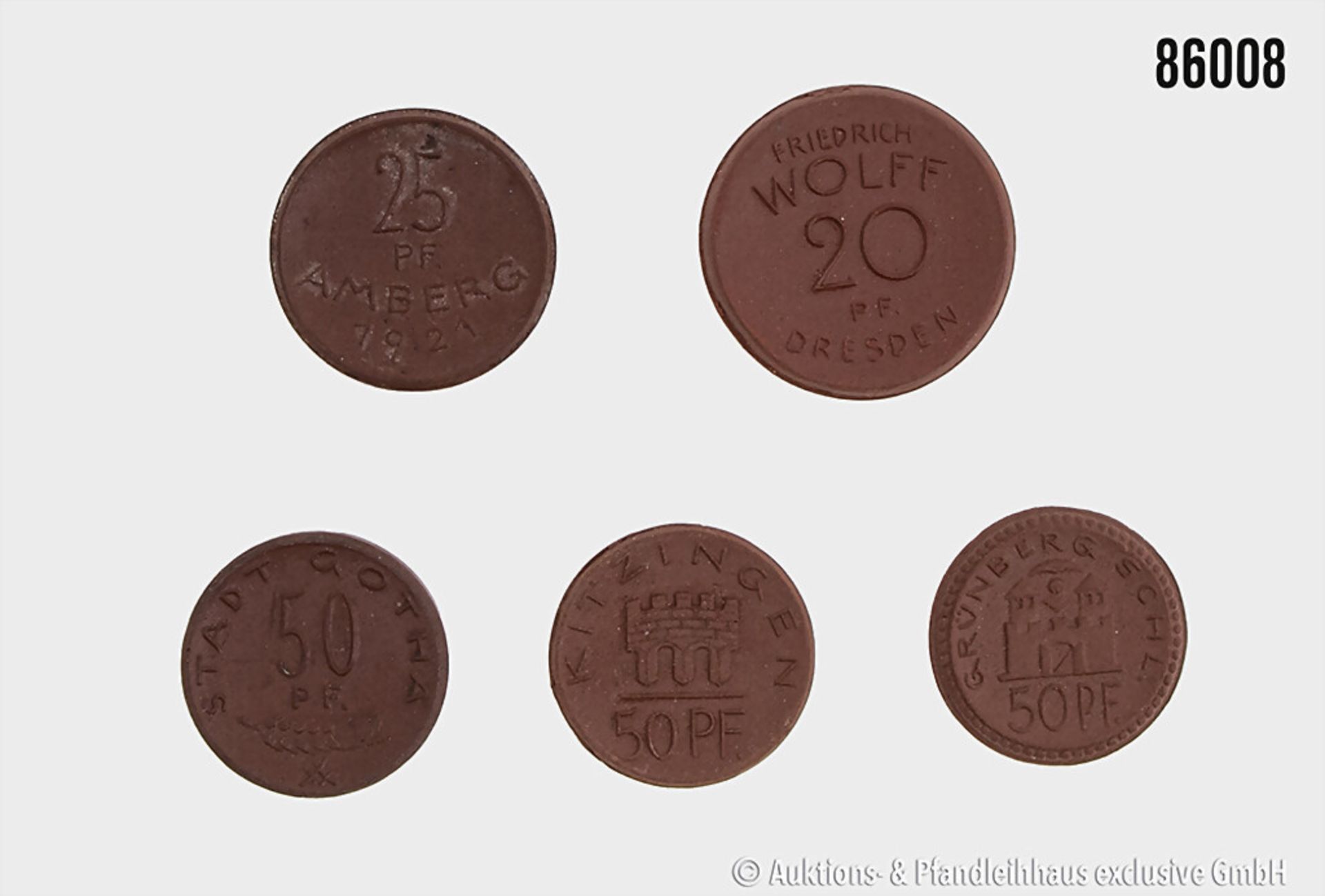 Konvolut 5 Porzellan Münzen 1921, 50 Pfennig Stadt Gotha, Kitzingen und Grünberg, 25 ...