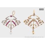 Anhänger 750 GG, Diamant-Rosen, Rubine ca. 0,16 ct, 2 Zuchtperlen, Gewicht ca. 5,9 g, L ...