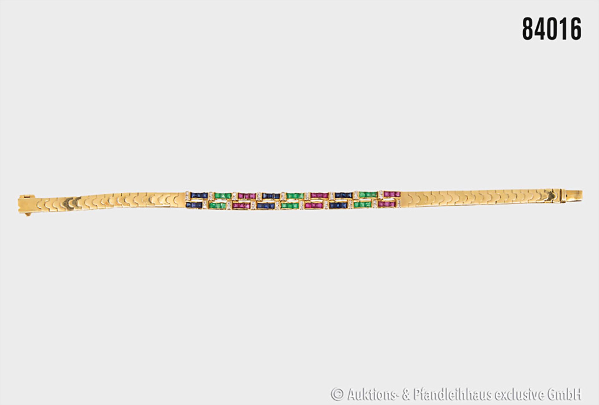 Armband, 750er Gelbgold, L ca. 18 cm, mit Diamanten, Saphiren, Rubinen und Smaragden ...
