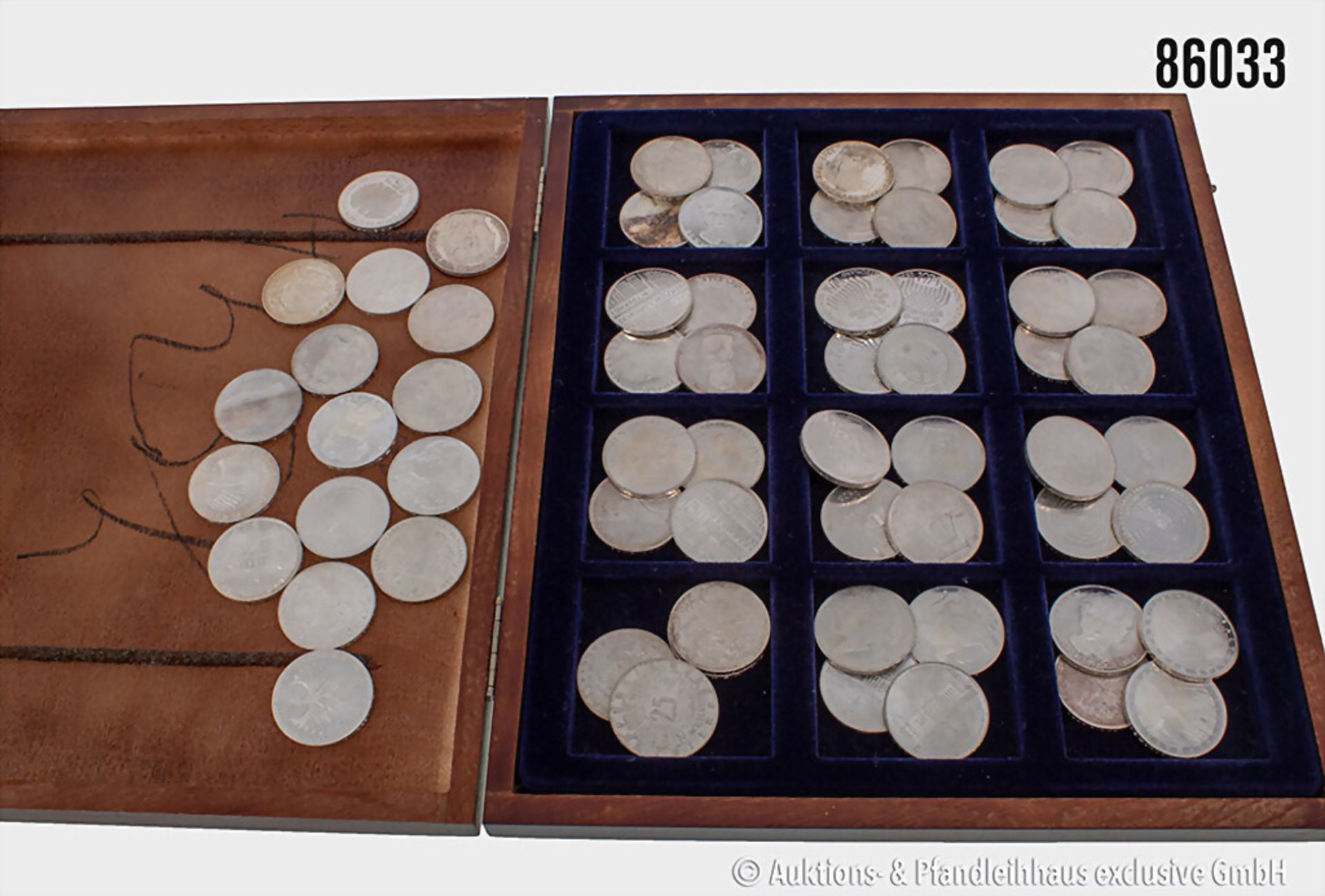 Konvolut 5 DM Silber Gedenkmünzen, insg. 63 Stück, plus 1 x 25 Schilling Silber, ...
