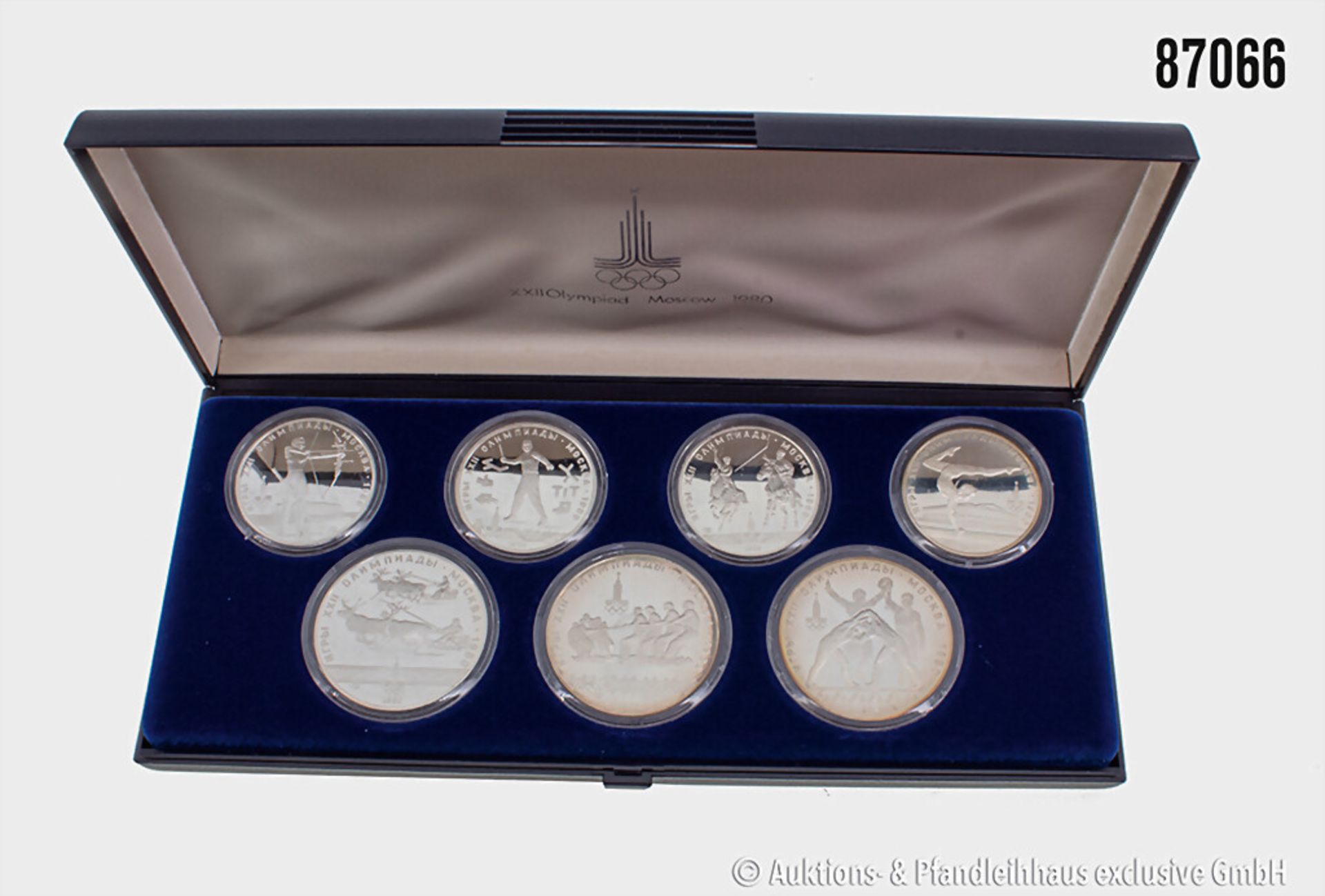 Russland Kassette mit 7 Silbermünzen auf die Olympischen Spiele 1980 in Moskau, 3 x 10 ...