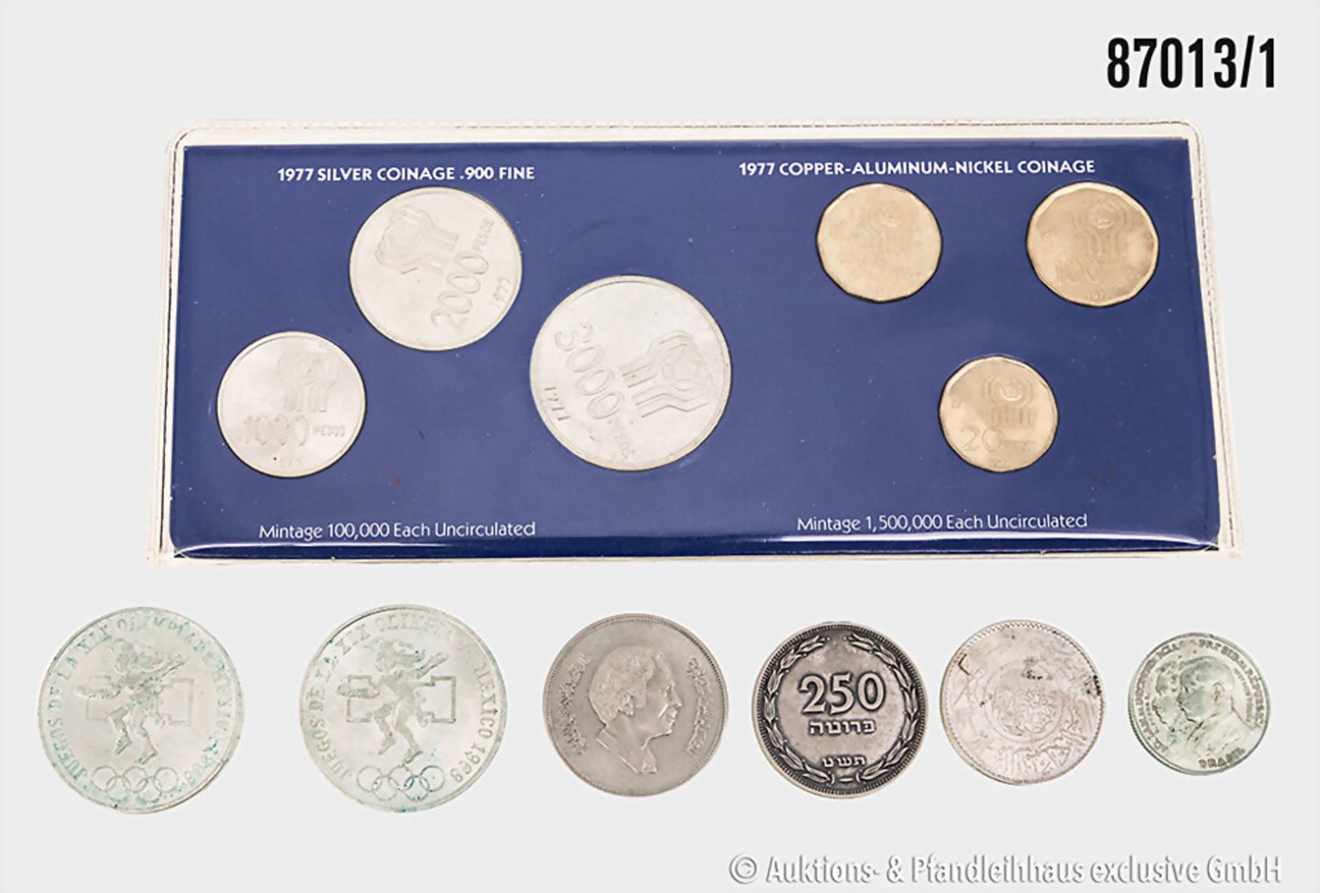 Konv. 12 Münzen, die meisten in Silber, dabei Argentinien Münzsatz, 2 x 25 Pesos Mexiko ...