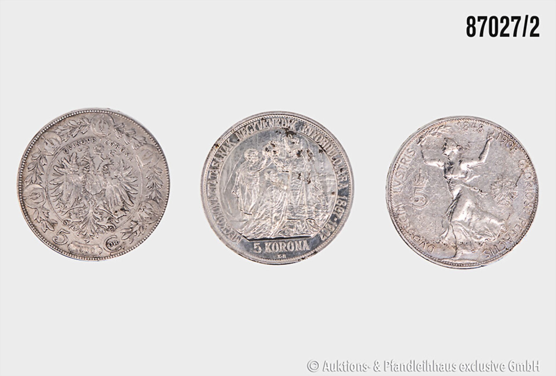 Konv. Österreich/Ungarn 3 x 5 Korona, Silber, Jahrgänge 1900, 1907 und 1908, mit dabei ... - Bild 2 aus 2