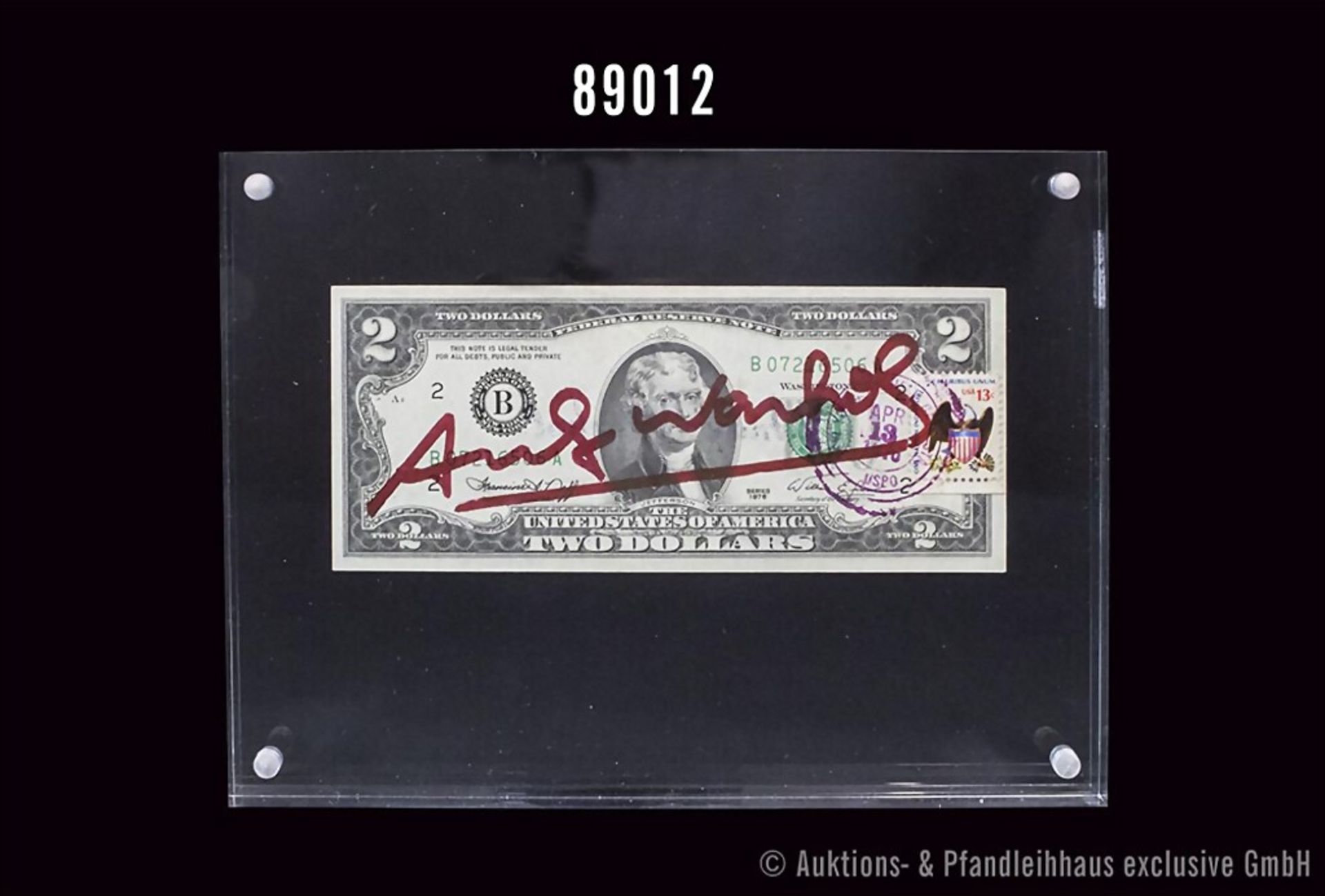 Warhol, Andy (1928-1987) Zwei-Dollar-Geldschein, Seriennr. B 07216506, handschriftliche ...