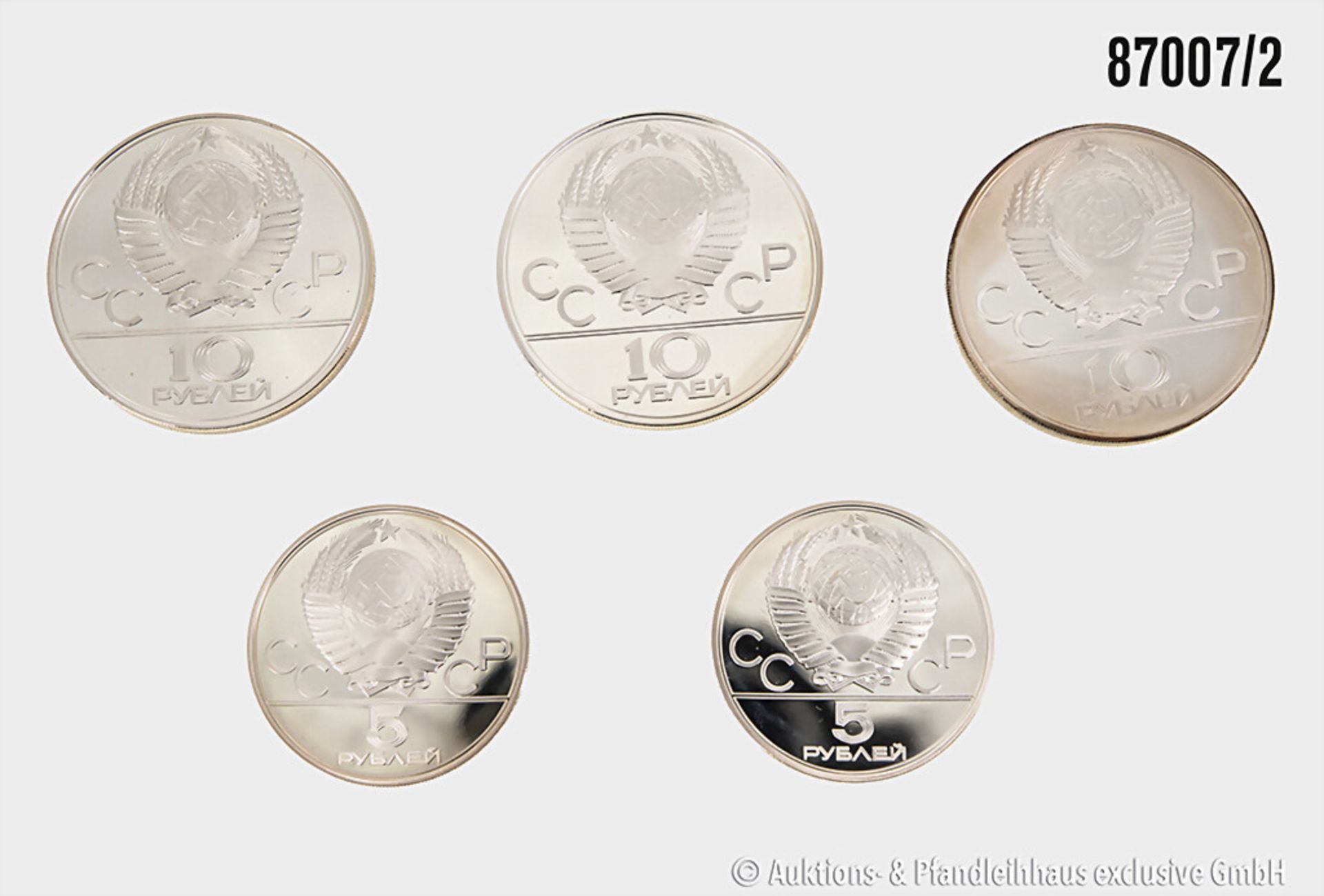 Russland, Satz Olympia Moskau 1980, Feingehalt 900, 3 x 10 Rubel und 2 x 5 Rubel, ... - Bild 2 aus 2