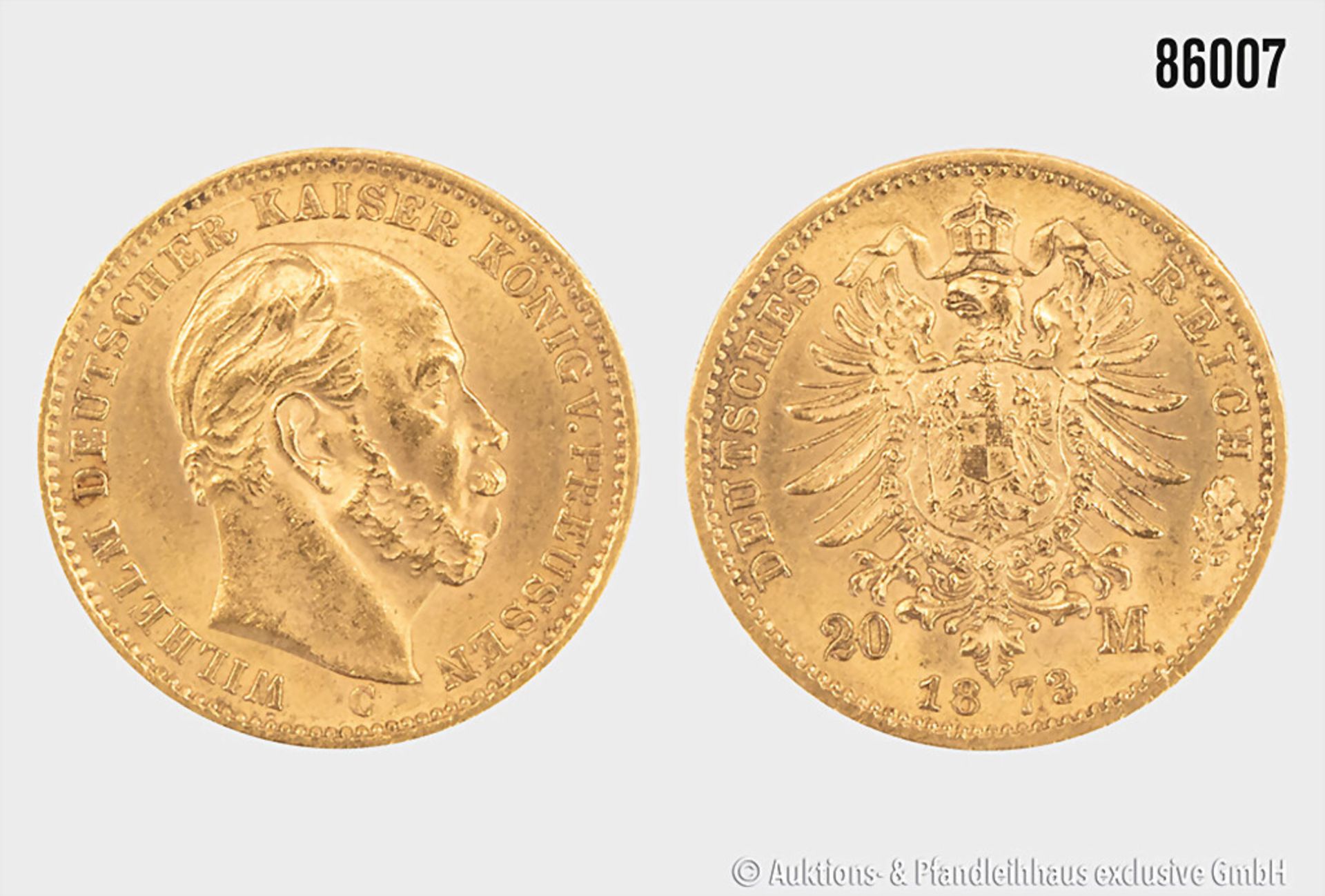 Goldmünze, Preussen 20 Mark 1873 C, Wilhelm I, 7,96 g, Zustand ss - ...