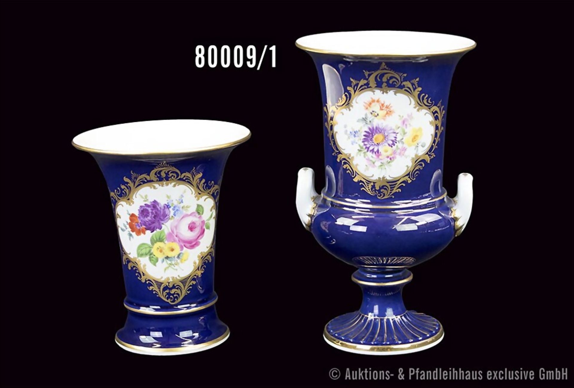 2 Meissen Vasen, 1x Amphorenvase, 1x Trichtervase, Porzellan, polychrome Blumenmalerei, ...