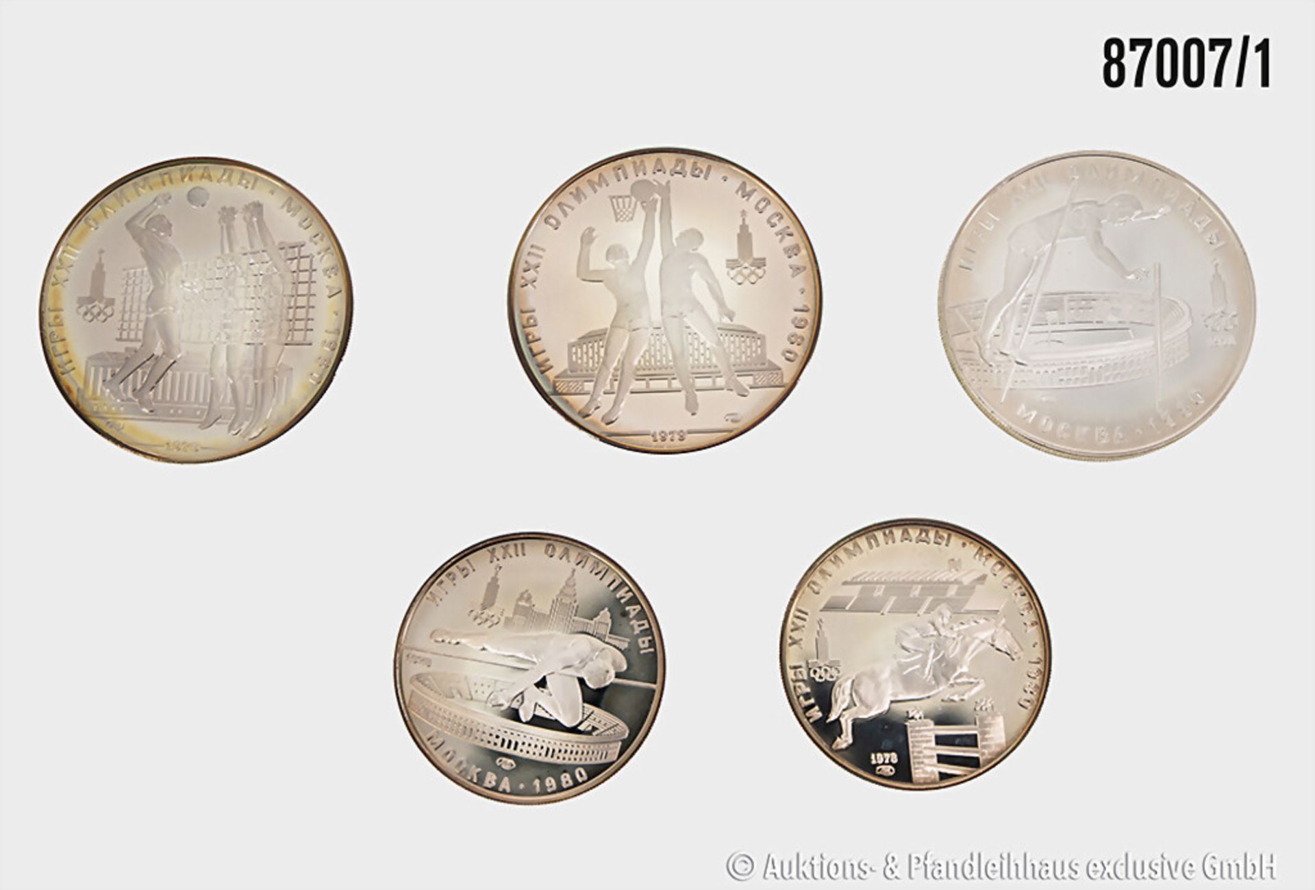 Russland, Satz Olympia Moskau 1980, Feingehalt 900, 3 x 10 Rubel und 2 x 5 Rubel, ...