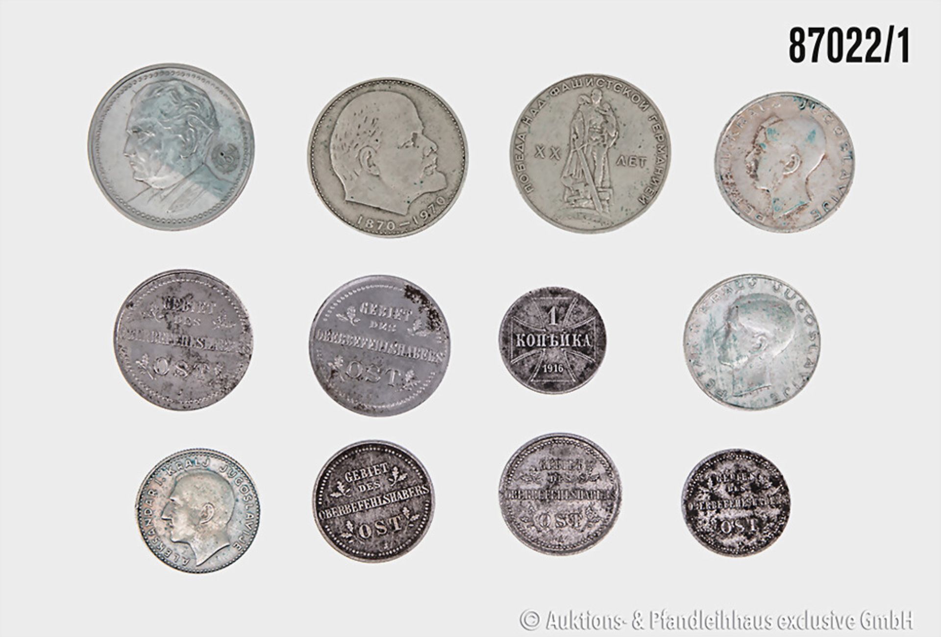 Konv. Russland/Jugoslawien 12 Münzen, u.a. 6 x Kopeken v. Gebiet des Oberbefehlshaber ...