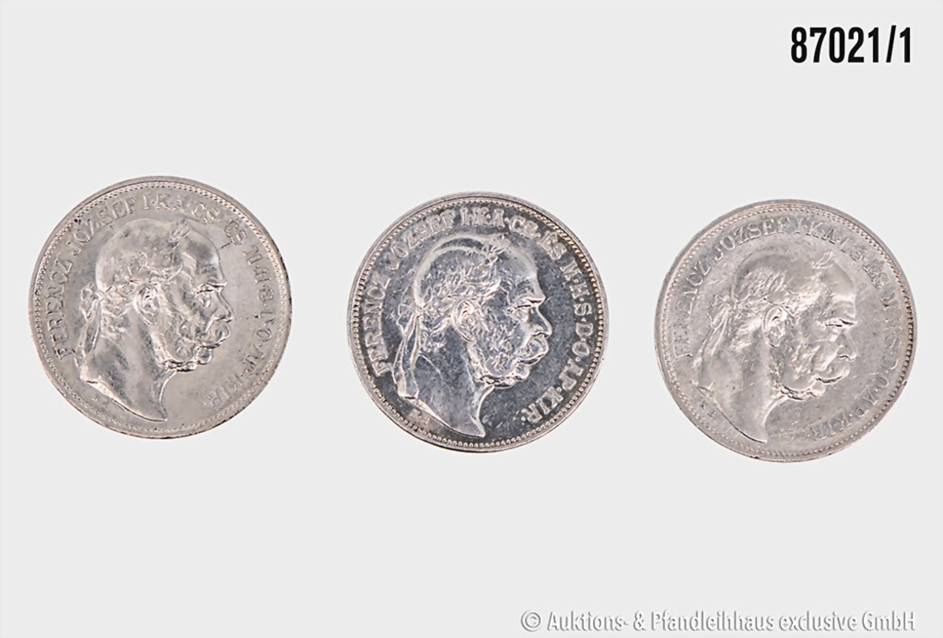 Konv. Österreich/Ungarn 3 Münzen, 3 x 2 Korona 1912, 1913 und 1914, Franz Josef I. in ...