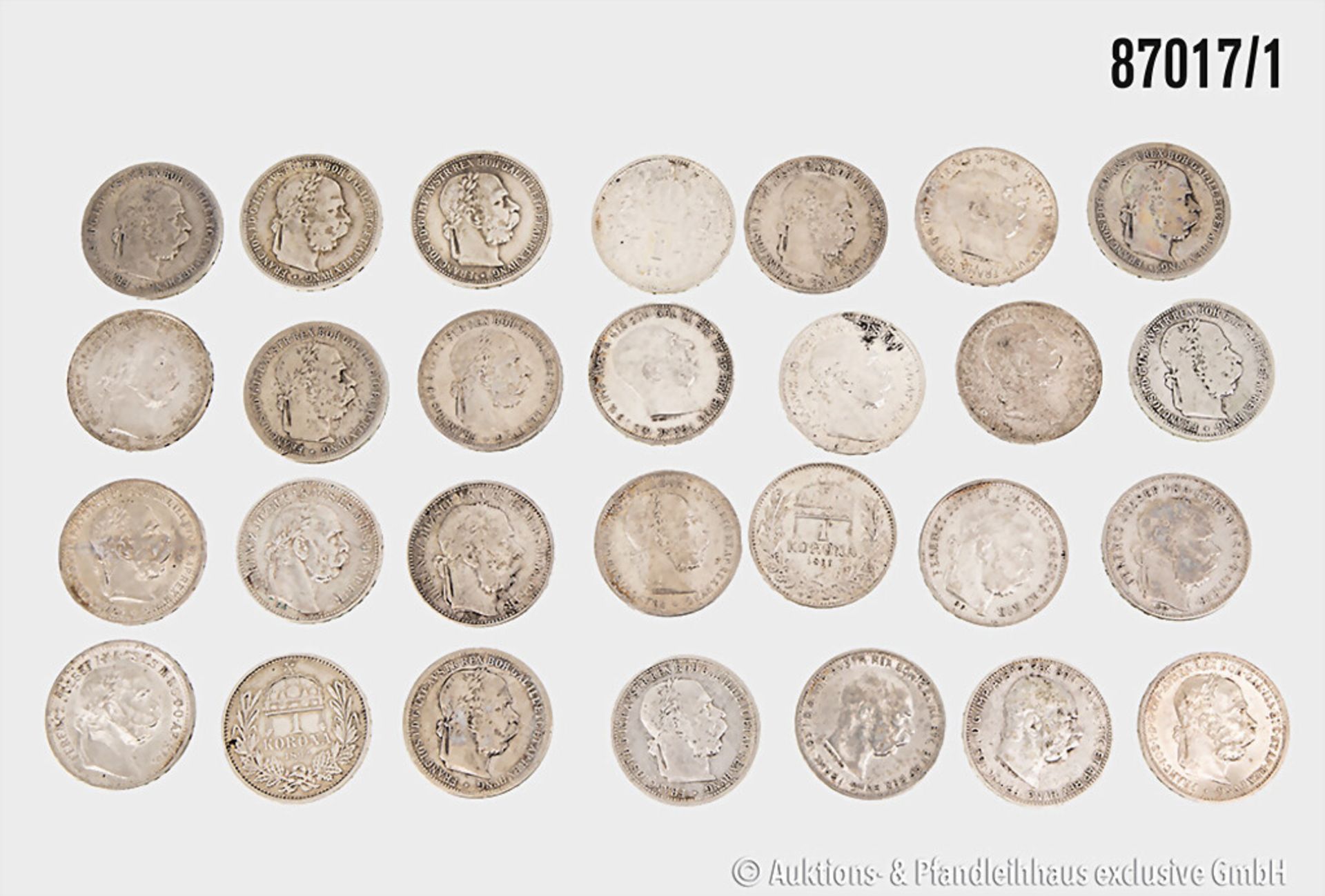 Konv. 28 Münzen Österreich/Ungarn, 1 Krone von 1892 bis 1916, fast alle Jahrgänge, ...