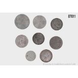 Konv. 8 Münzen, fast alle in Silber, 5 Franc 1962, 5 Drachmen 1930, 100 Peseta 1966, ...