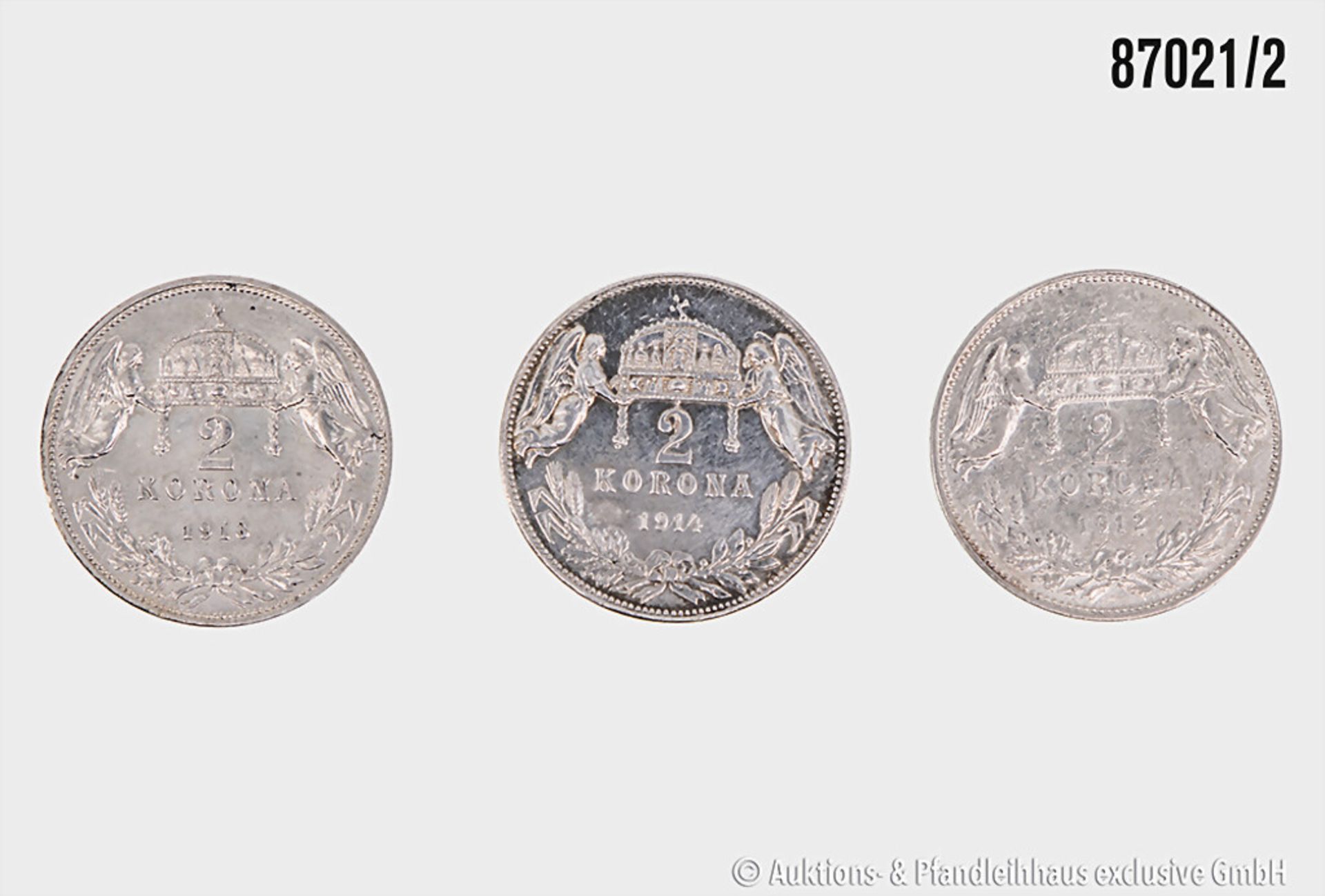 Konv. Österreich/Ungarn 3 Münzen, 3 x 2 Korona 1912, 1913 und 1914, Franz Josef I. in ... - Bild 2 aus 2