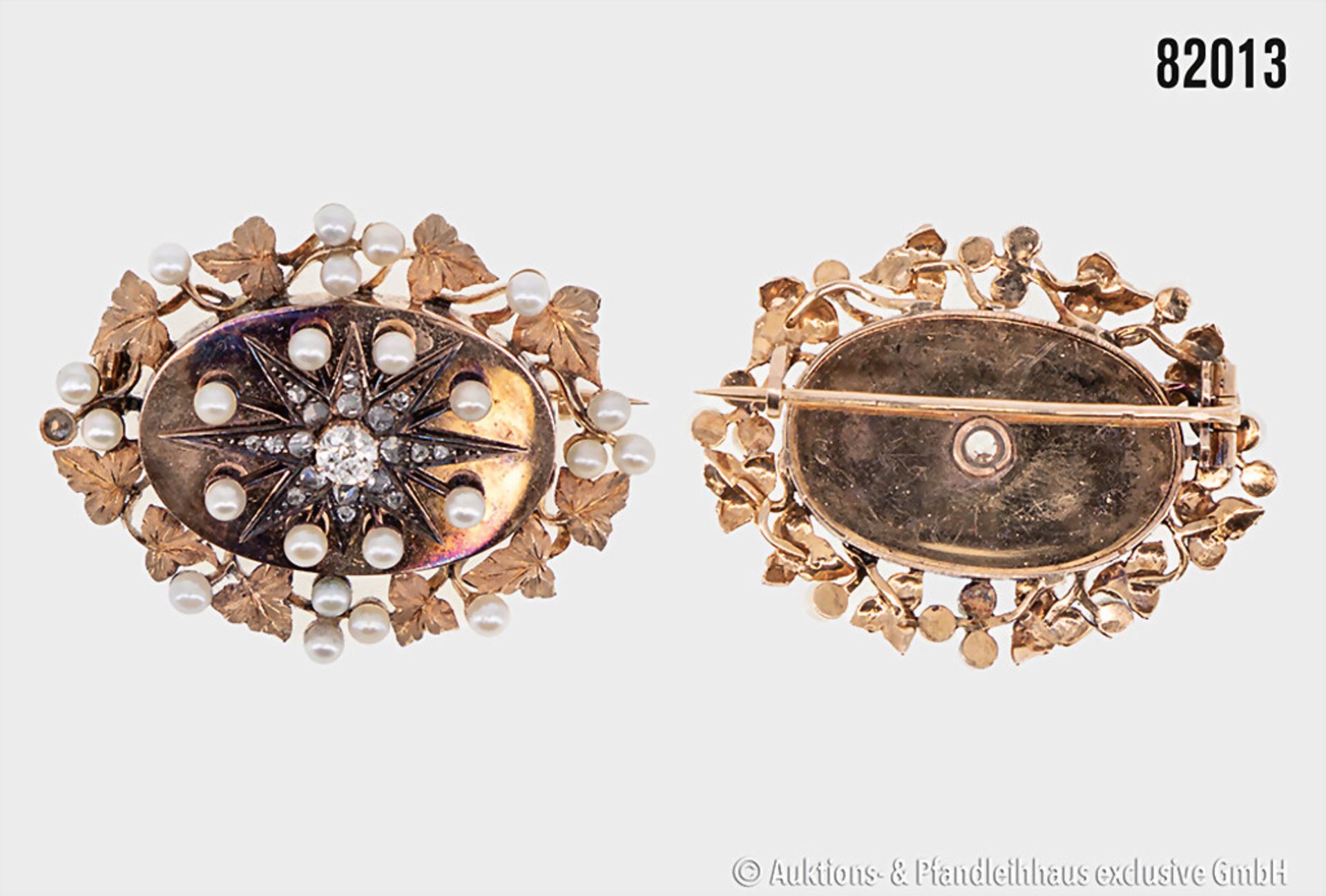 Brosche antik 750 GG, Altschliff Diamant 0,25 ct, w-pi, ovale Form mit Blätter ...