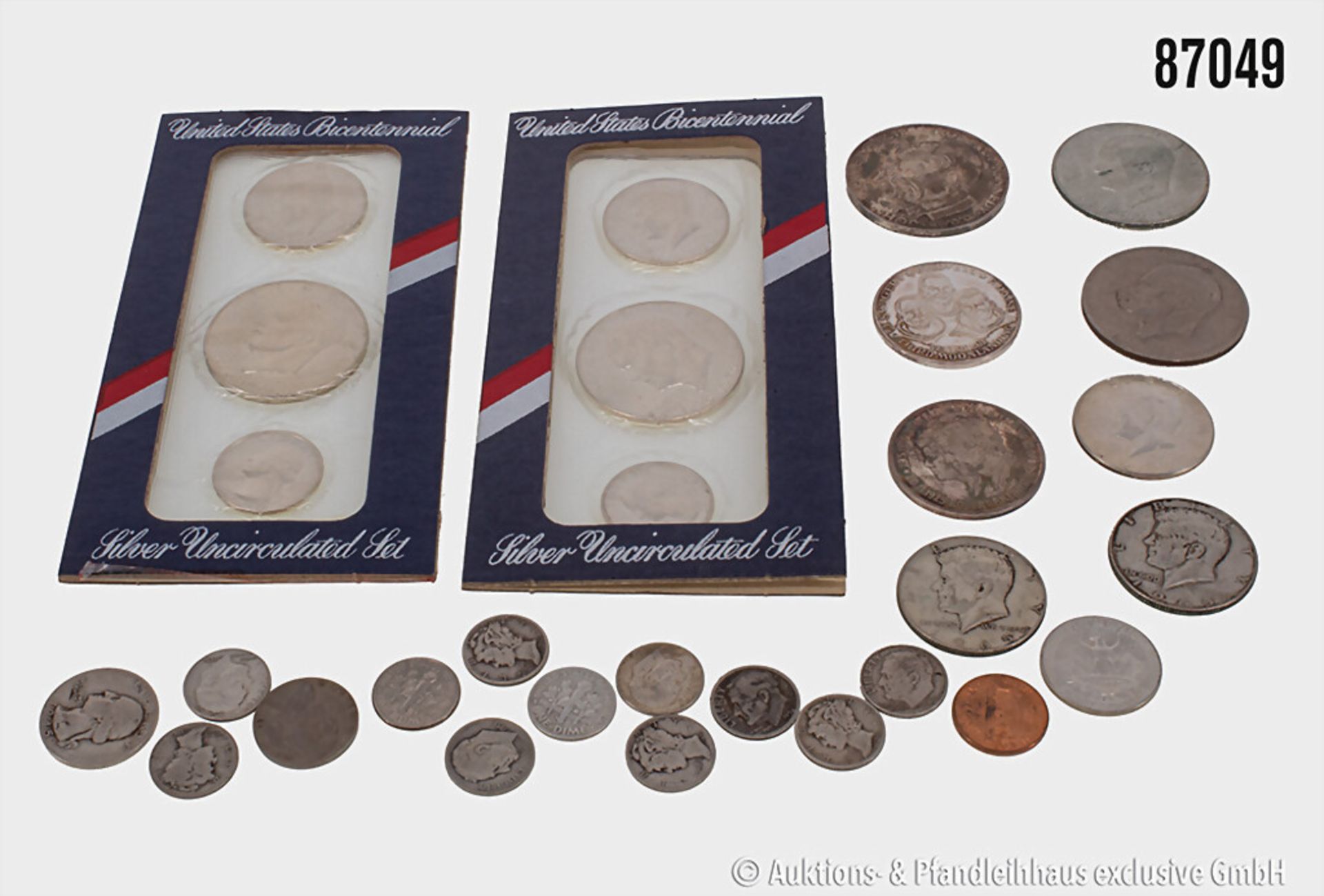 Konvolut USA überwiegend Silber Münzen, u.a. 2 Sets unzirkulierte Silbermünzen zu 25 ...