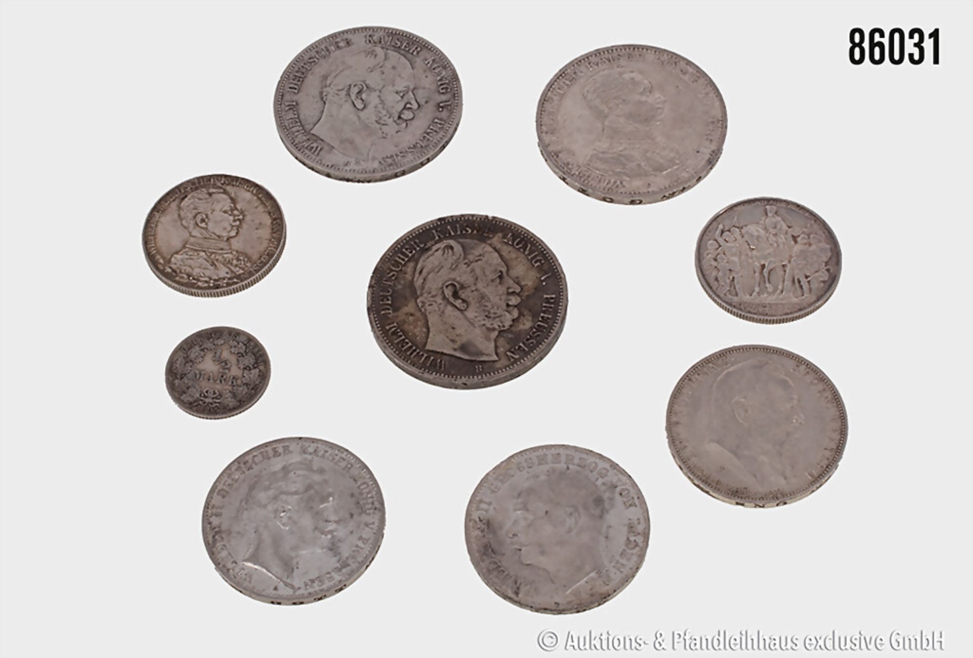 Konvolut Kaiserreich 9 Silbermünzen, 1 x 1/2 Mark 1905 A, 1 x 2 Mark 1913 A, 3 x 3 Mark ...