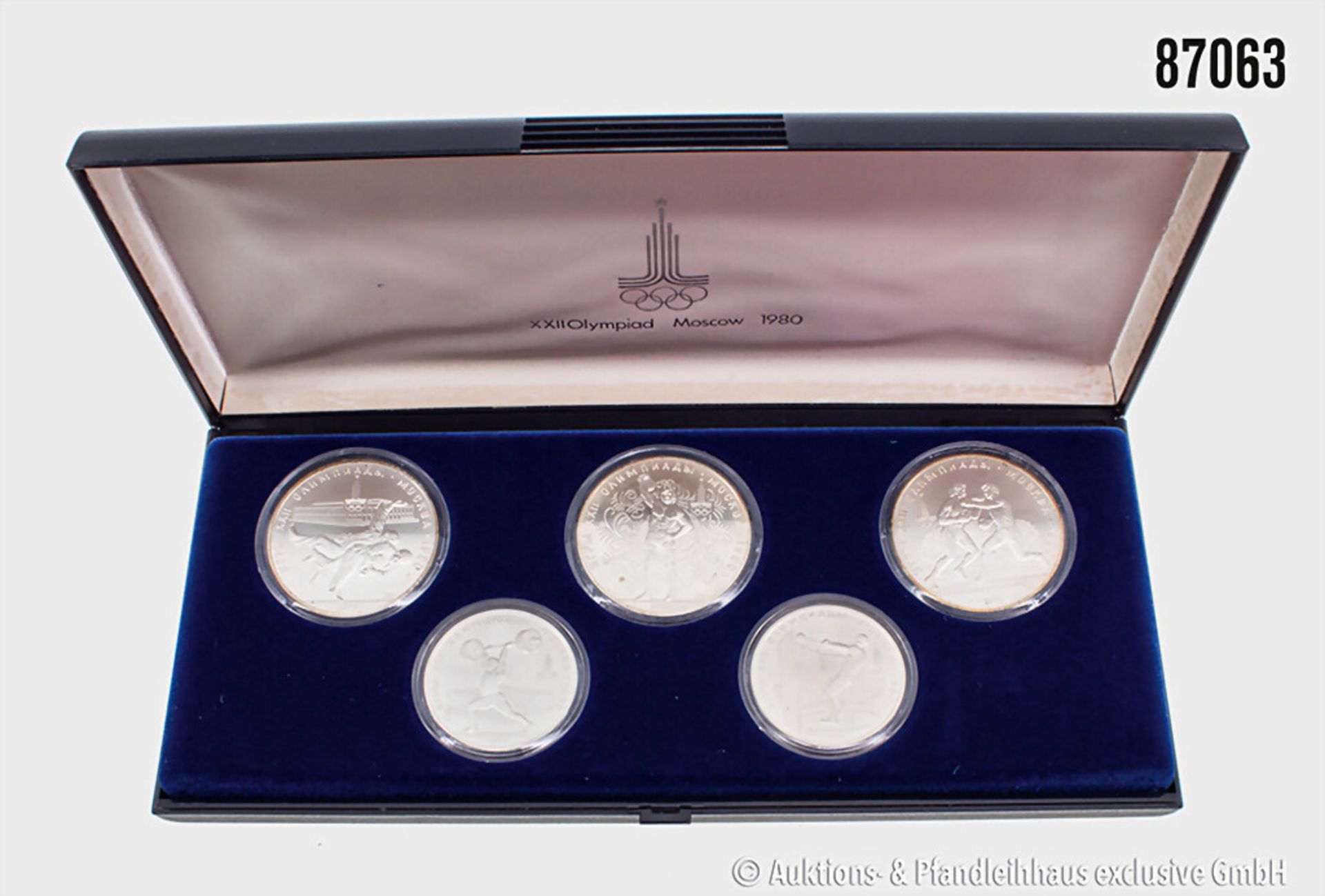 Russland Kassette mit 5 Silbermünzen auf die Olympischen Spiele 1980 in Moskau, 3 x 10 ...
