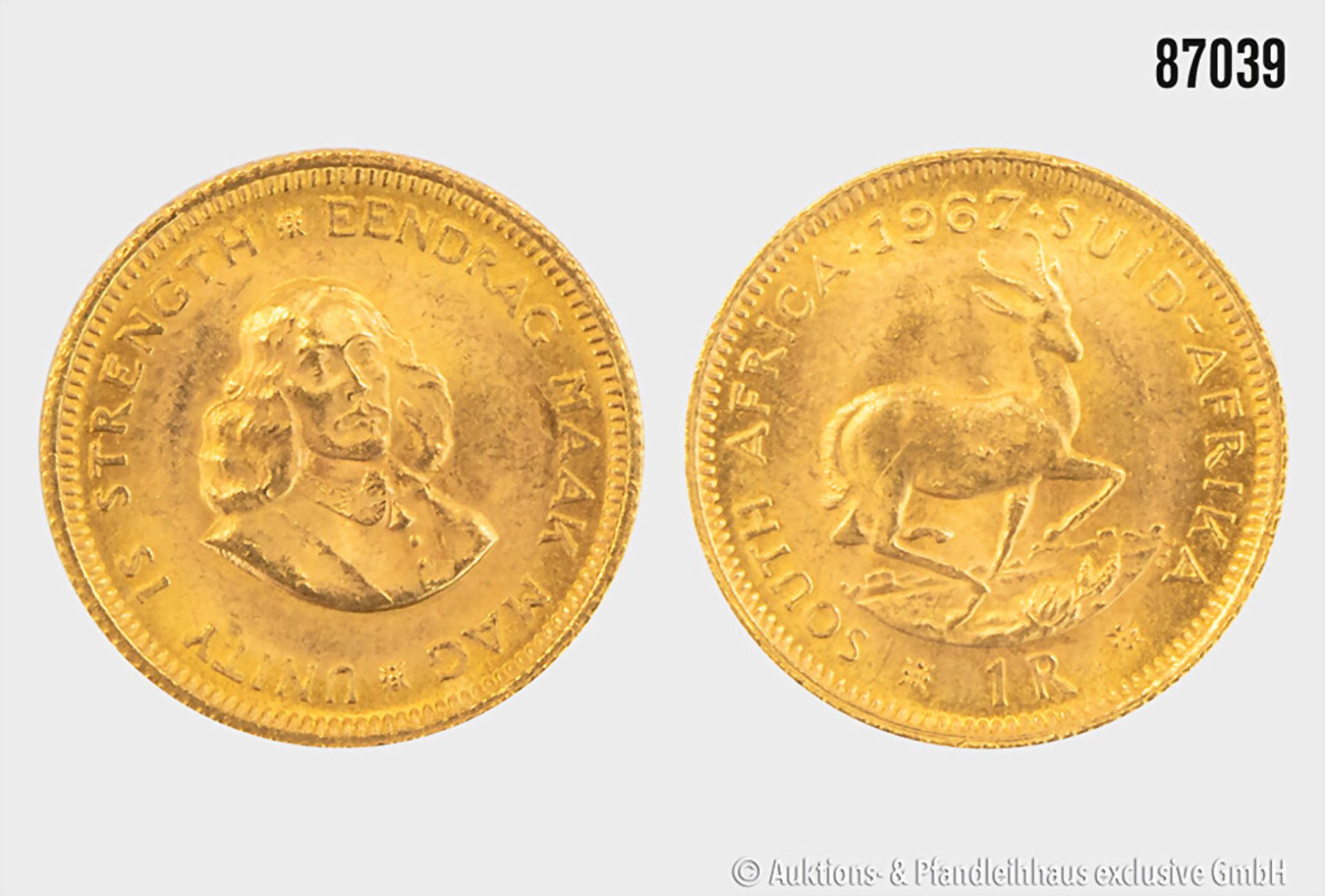 Goldmünze, Südafrika 1 Rand 1967 Springbock, Gold 917, 3,99 g, Zustand ss - ...