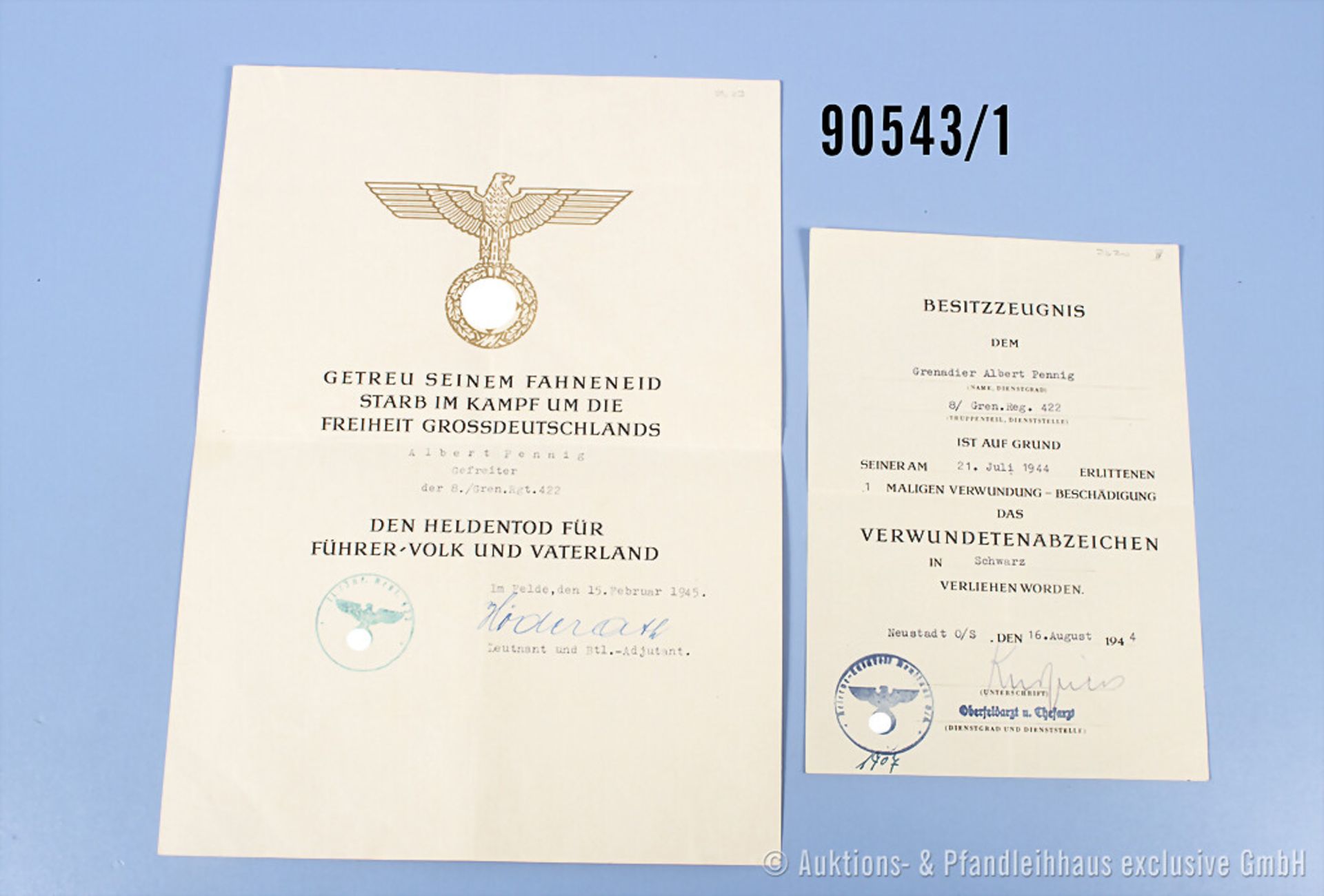 Dokumentennachlass eines gefallenen Gefreiten im Grenadier-Regiment 422, VWA Schwarz, ...