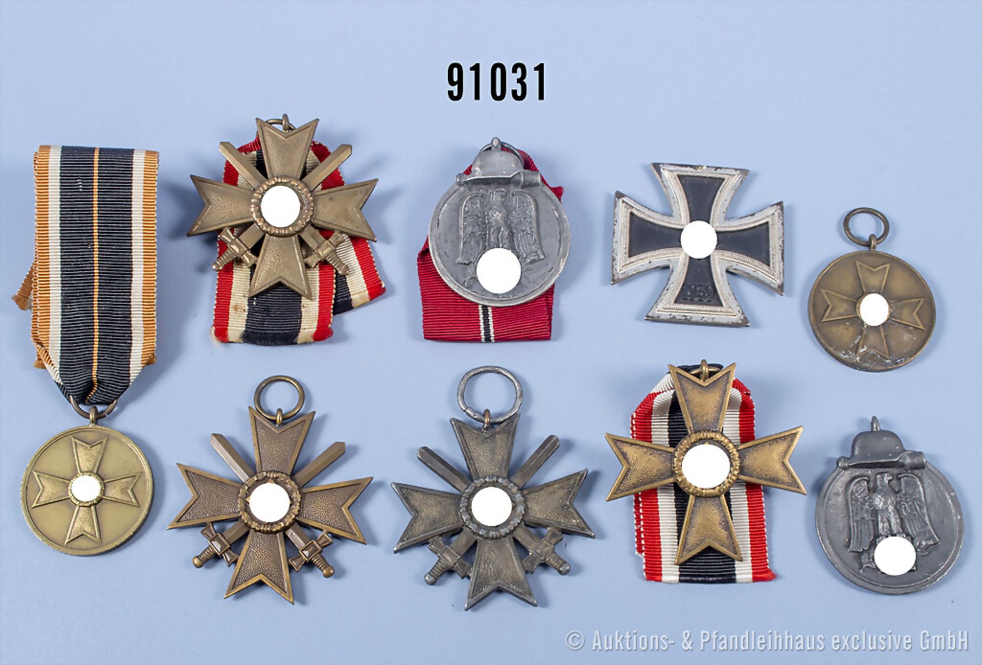 Konv. EK 2 1939 ohne Bandringöse, 2 Ostmedaillen (1 x ohne Bandring), 2 KVK-Medaillen ...