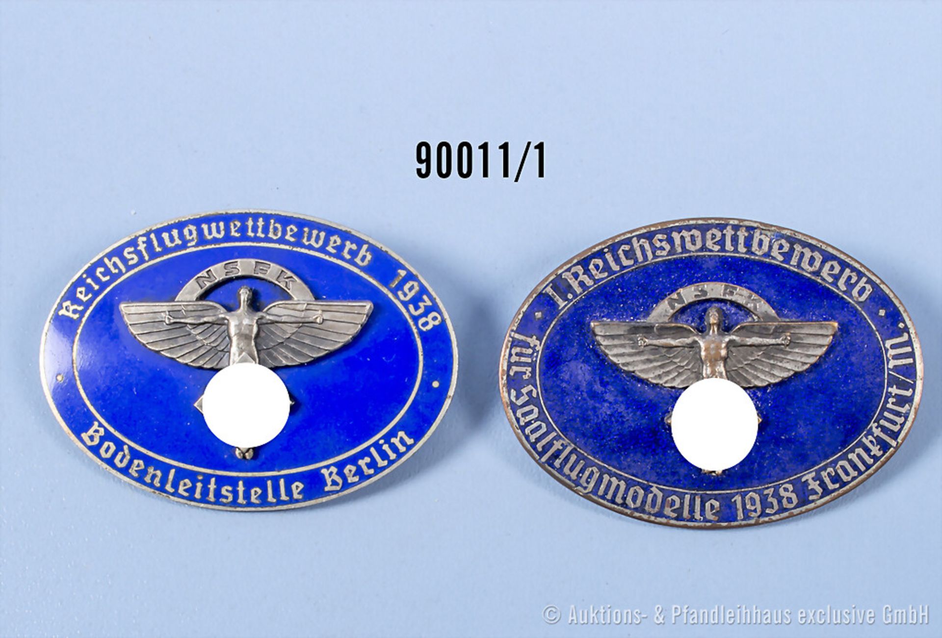 Konv. 2 NSFK-Abzeichen "Reichsflugwettbewerb 1938 - Bodenleitstelle Berlin" und "I. ...