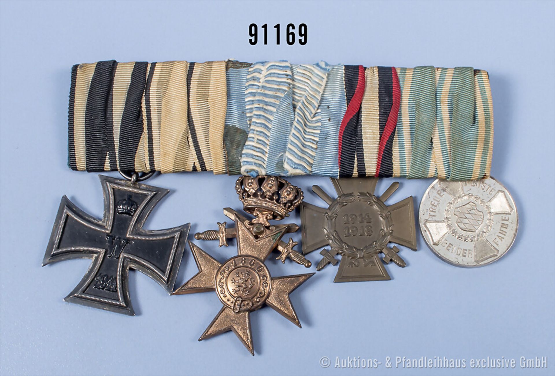 5er Ordensspange, EK 2 1914, Bayern MVK 3. Klasse mit Schwertern und Krone, König ...
