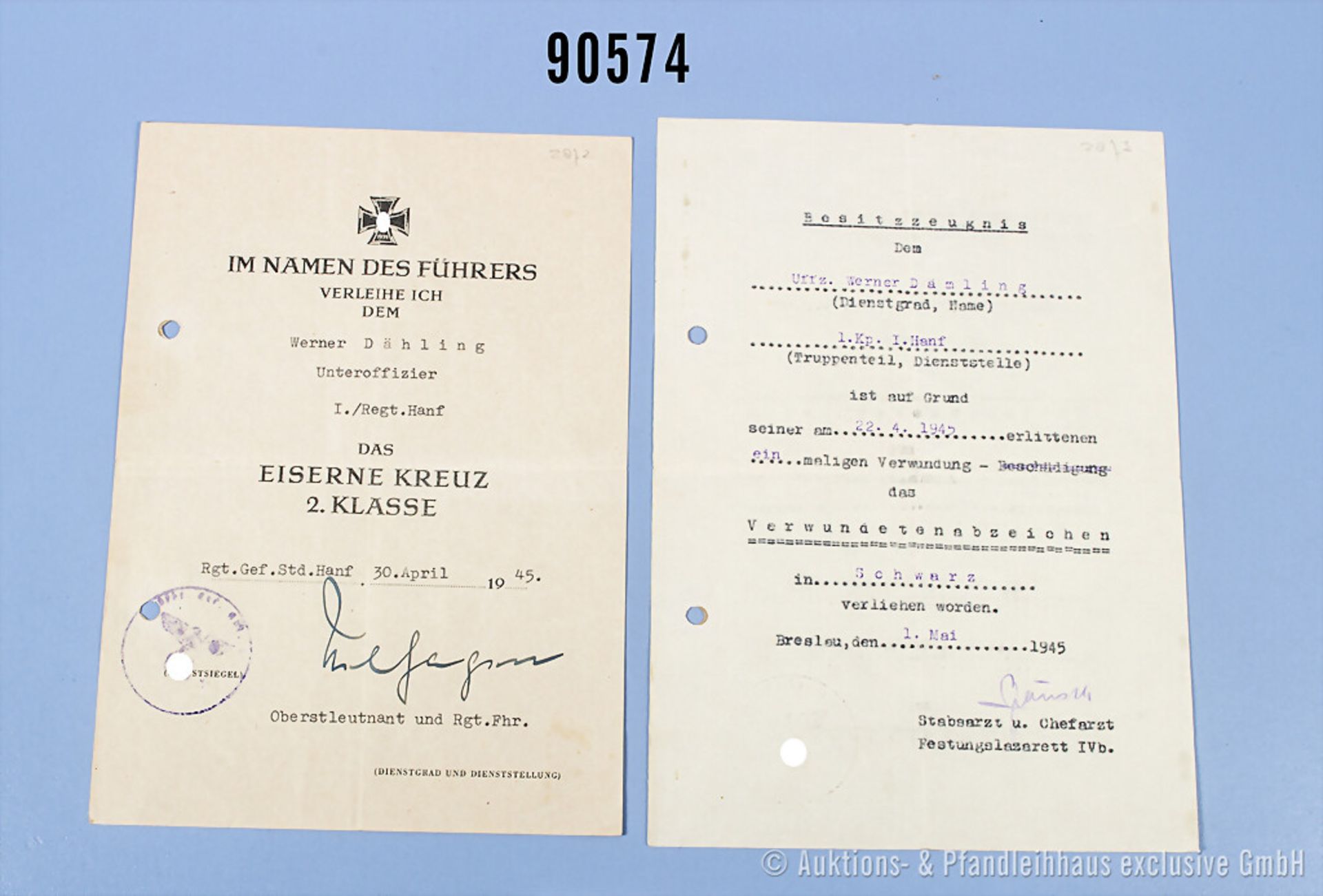 Dokumentennachlass eines Unteroffizier im Regiment Hanf, EK 2 1945 und VWA Schwarz ...