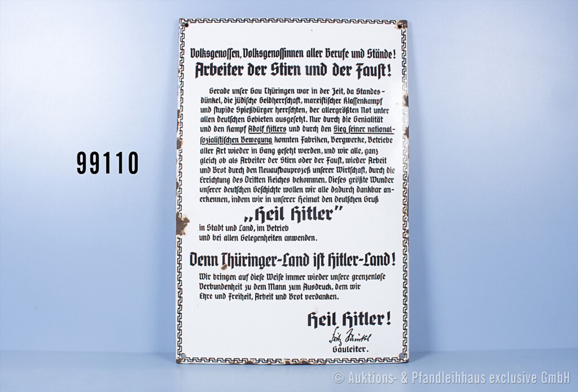 Emailleschild 3. Reich, mit Aufruf des Gauleiters von Thüringen Fritz Sauckel, teilw. ...